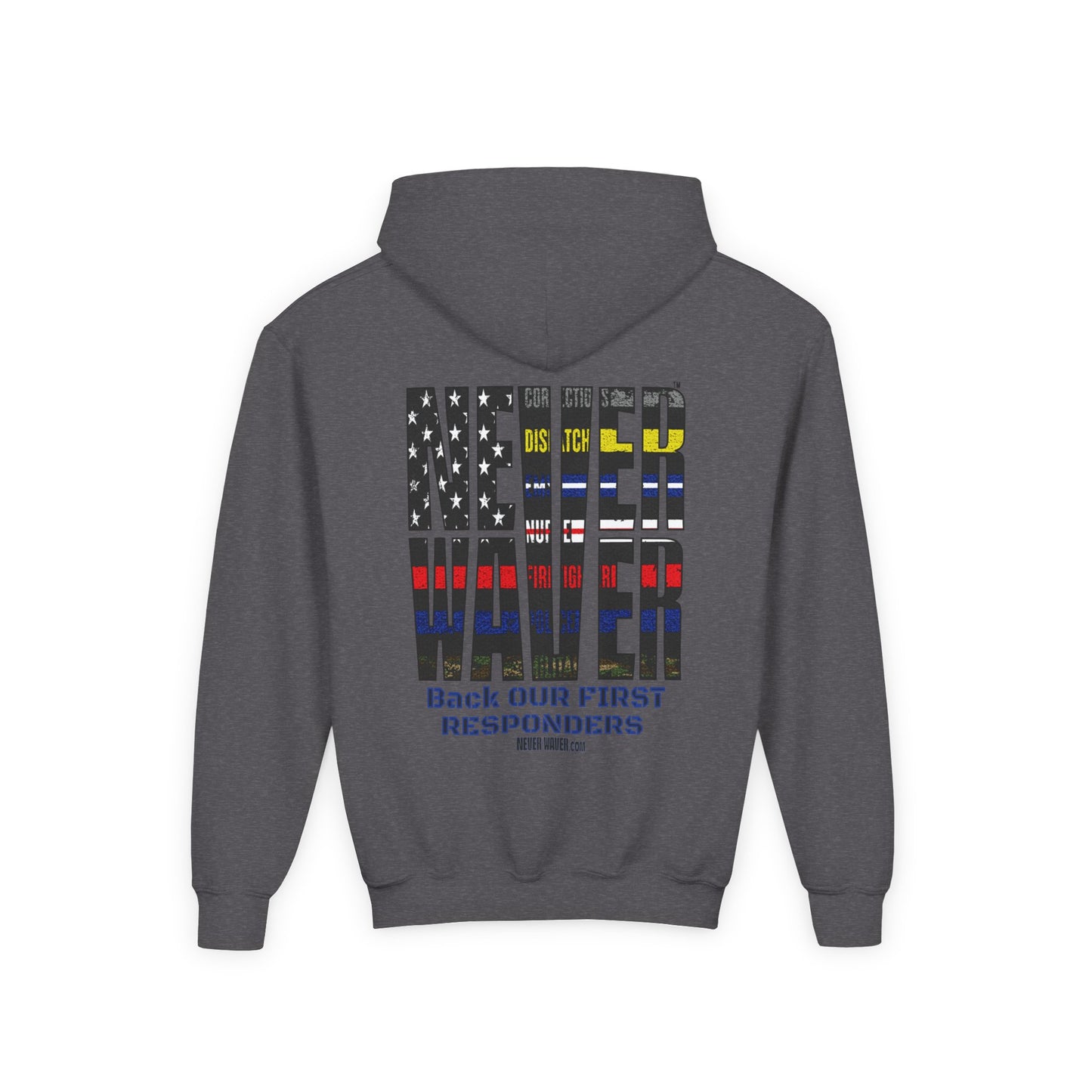 Never Waver Always Back Our First Responders Vintage-Inspired Youth Hoodie with American Flag Design - Never Waver