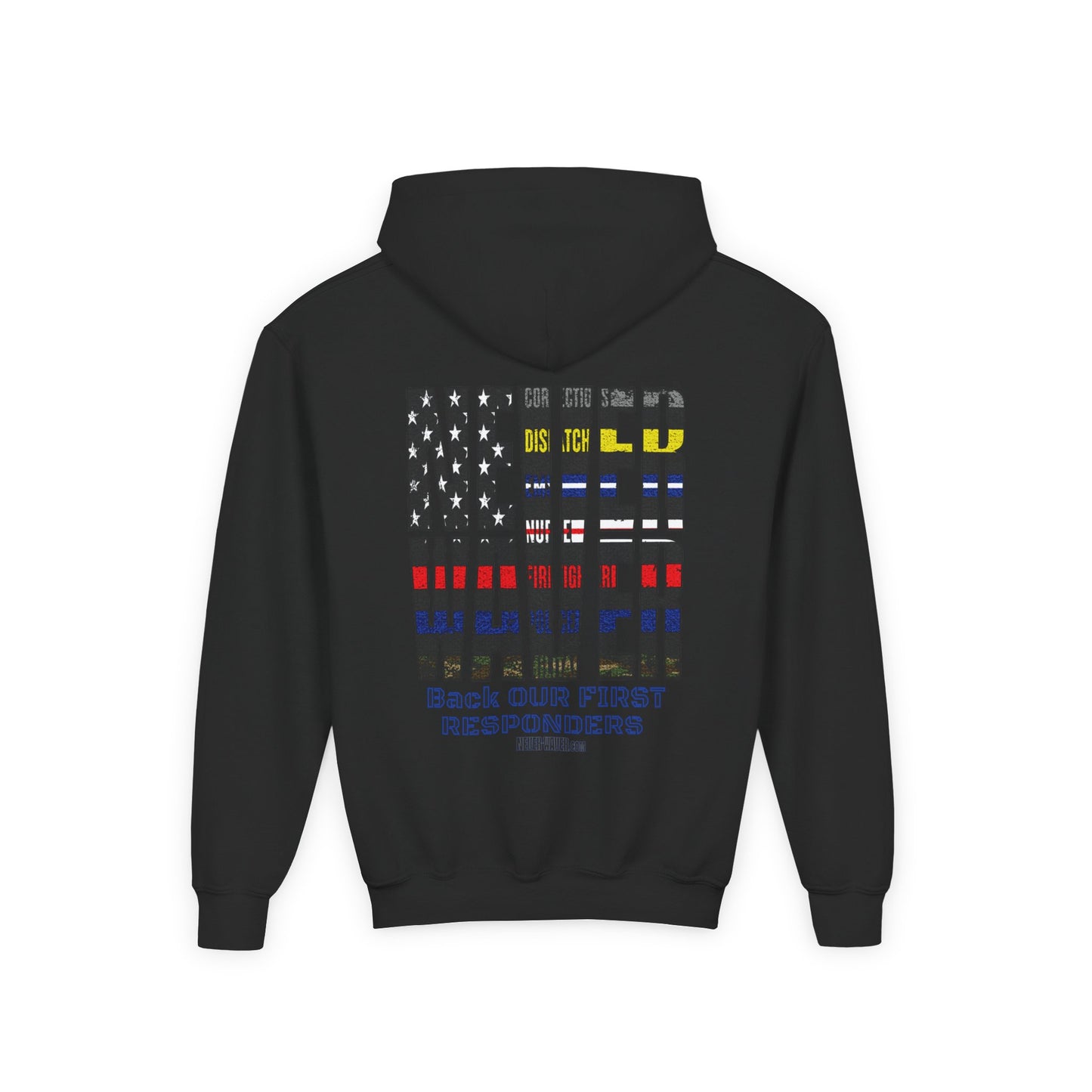 Never Waver Always Back Our First Responders Vintage-Inspired Youth Hoodie with American Flag Design - Never Waver