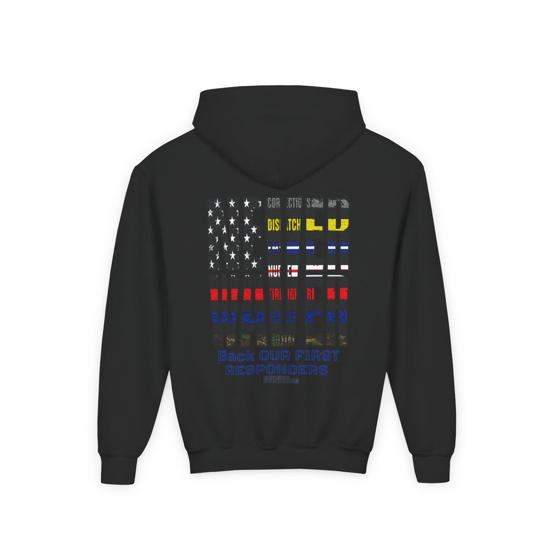 Never Waver Always Back Our First Responders Vintage-Inspired Youth Hoodie with American Flag Design - Never Waver