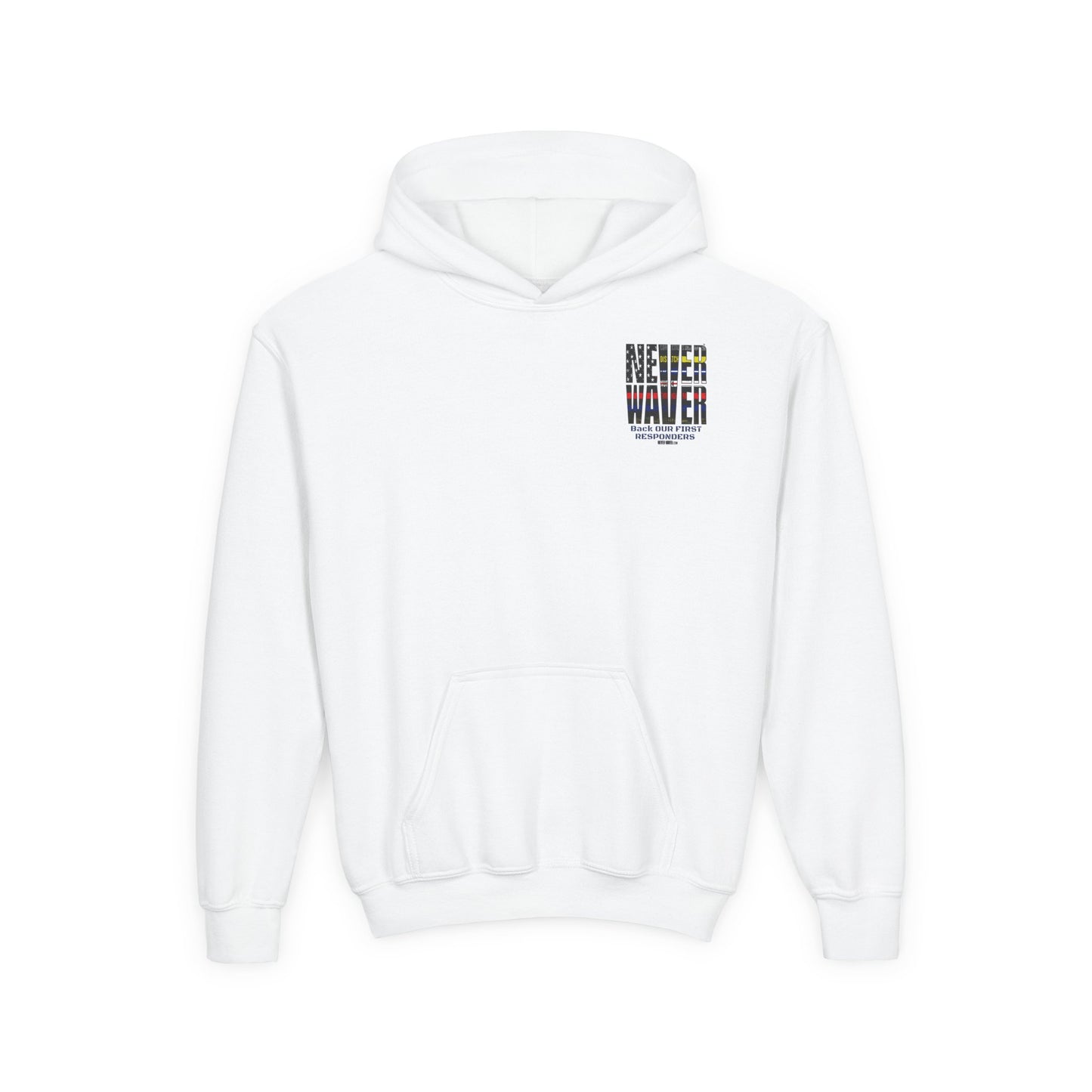 Never Waver Always Back Our First Responders Vintage-Inspired Youth Hoodie with American Flag Design - Never Waver