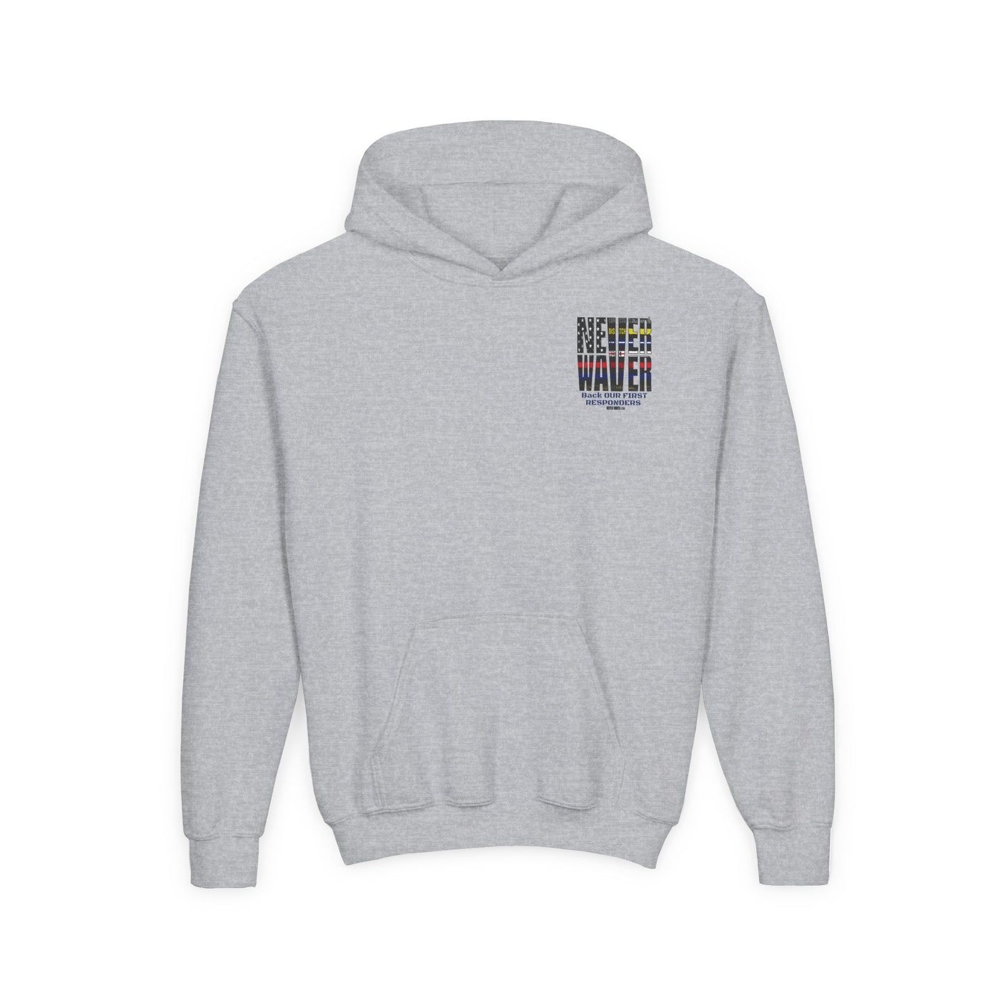 Never Waver Always Back Our First Responders Vintage-Inspired Youth Hoodie with American Flag Design - Never Waver