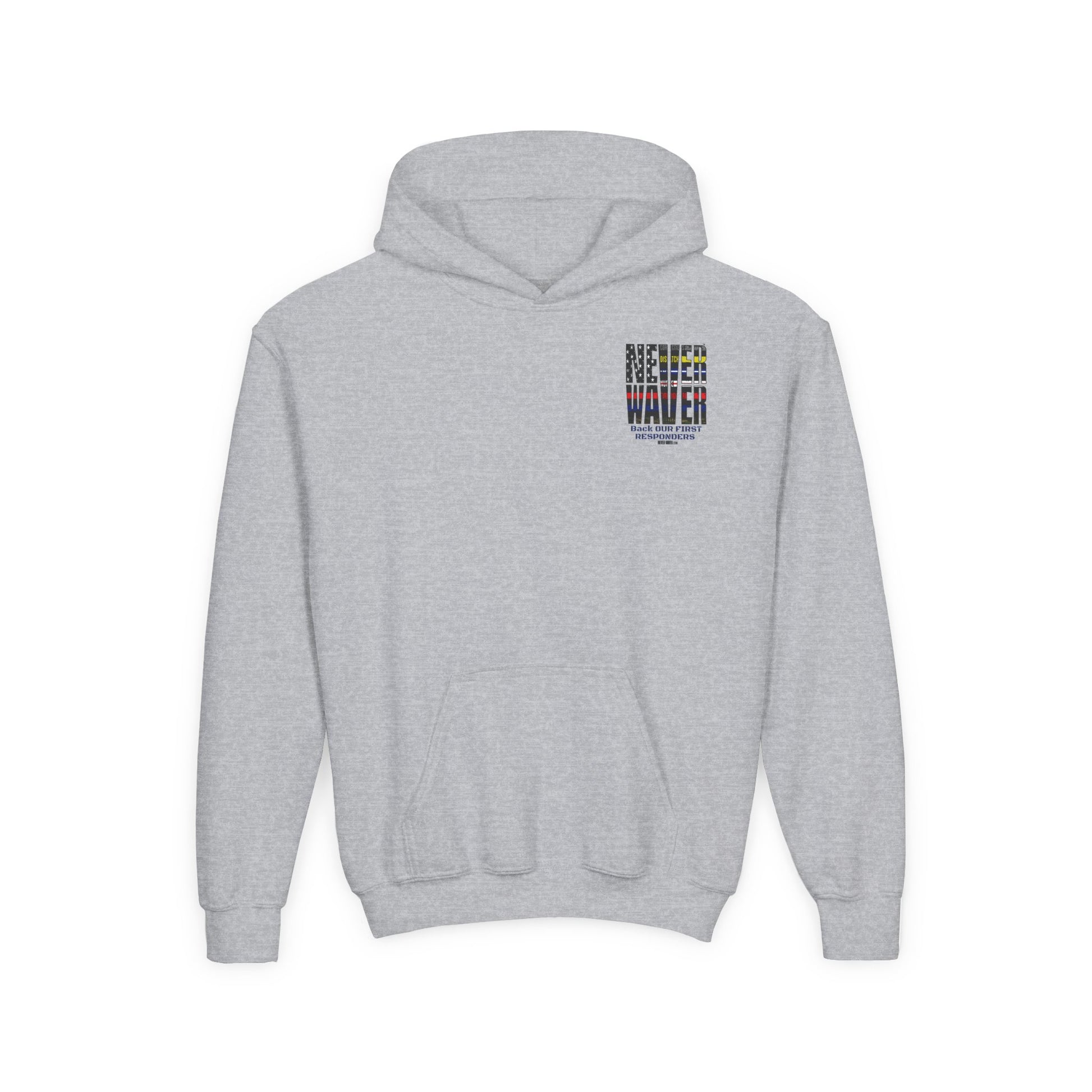 Never Waver Always Back Our First Responders Vintage-Inspired Youth Hoodie with American Flag Design - Never Waver
