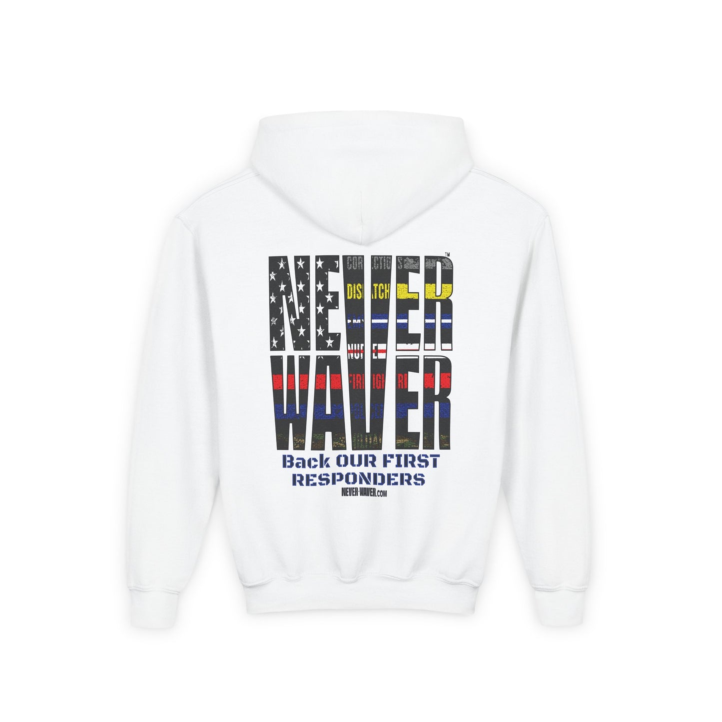 Never Waver Always Back Our First Responders Vintage-Inspired Youth Hoodie with American Flag Design - Never Waver