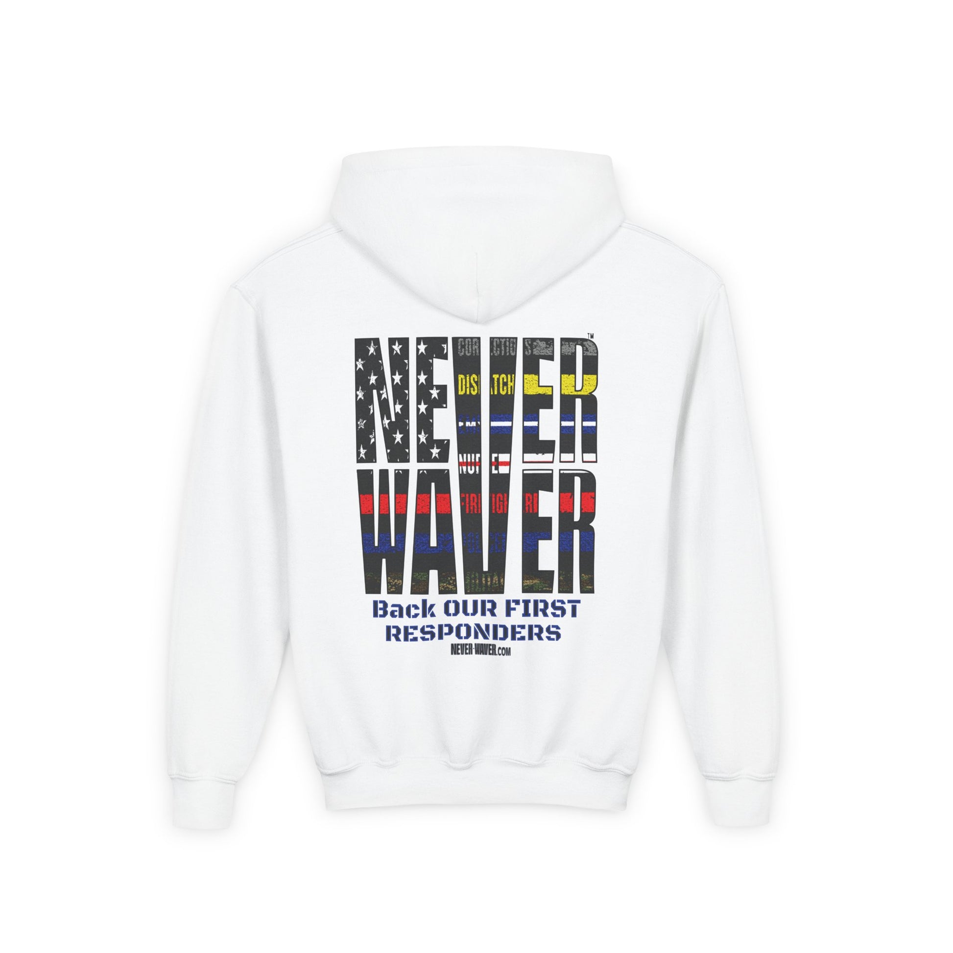 Never Waver Always Back Our First Responders Vintage-Inspired Youth Hoodie with American Flag Design - Never Waver
