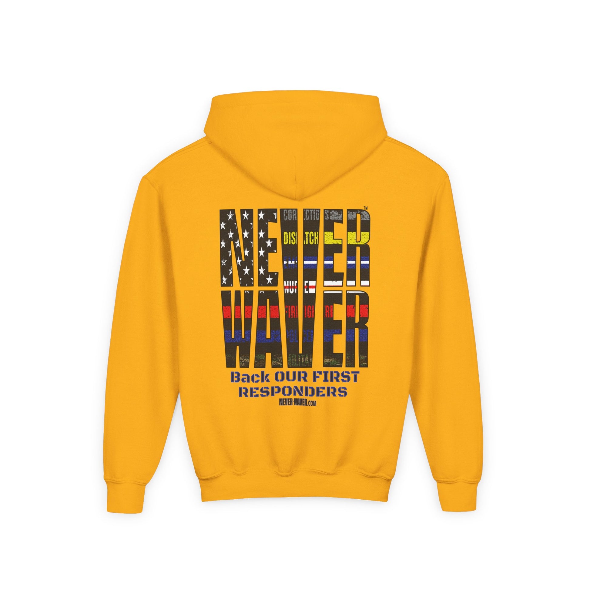 Never Waver Always Back Our First Responders Vintage-Inspired Youth Hoodie with American Flag Design - Never Waver