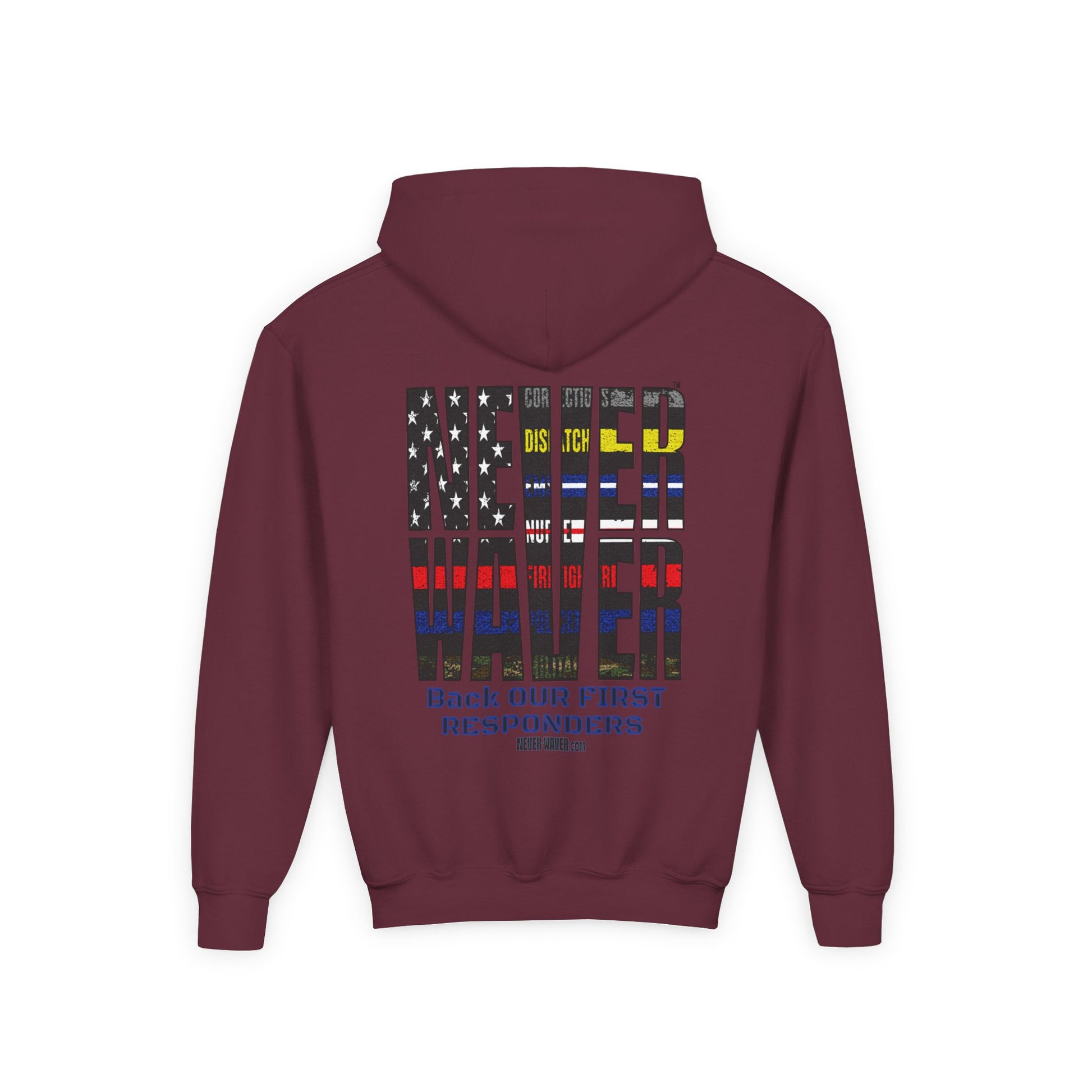 Never Waver Always Back Our First Responders Vintage-Inspired Youth Hoodie with American Flag Design - Never Waver