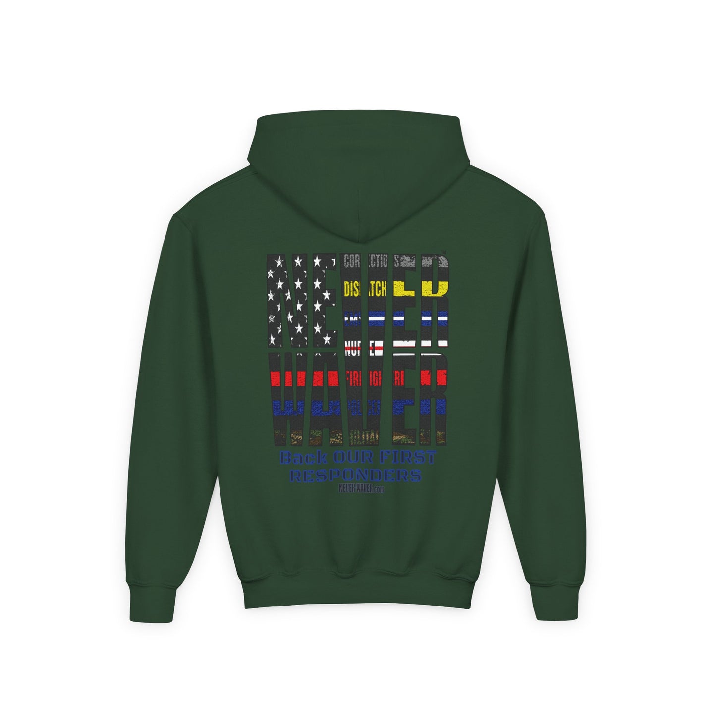 Never Waver Always Back Our First Responders Vintage-Inspired Youth Hoodie with American Flag Design - Never Waver
