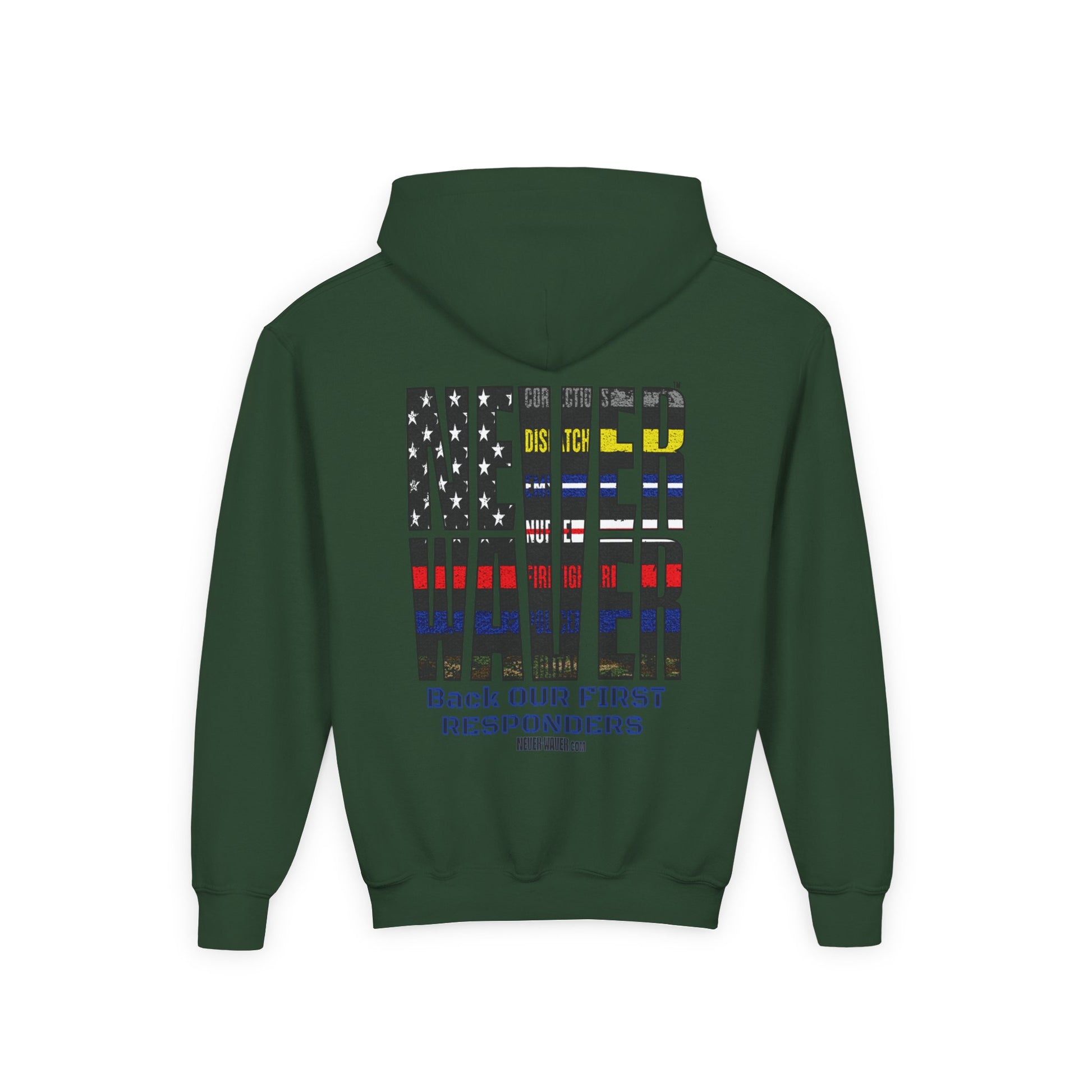 Never Waver Always Back Our First Responders Vintage-Inspired Youth Hoodie with American Flag Design - Never Waver