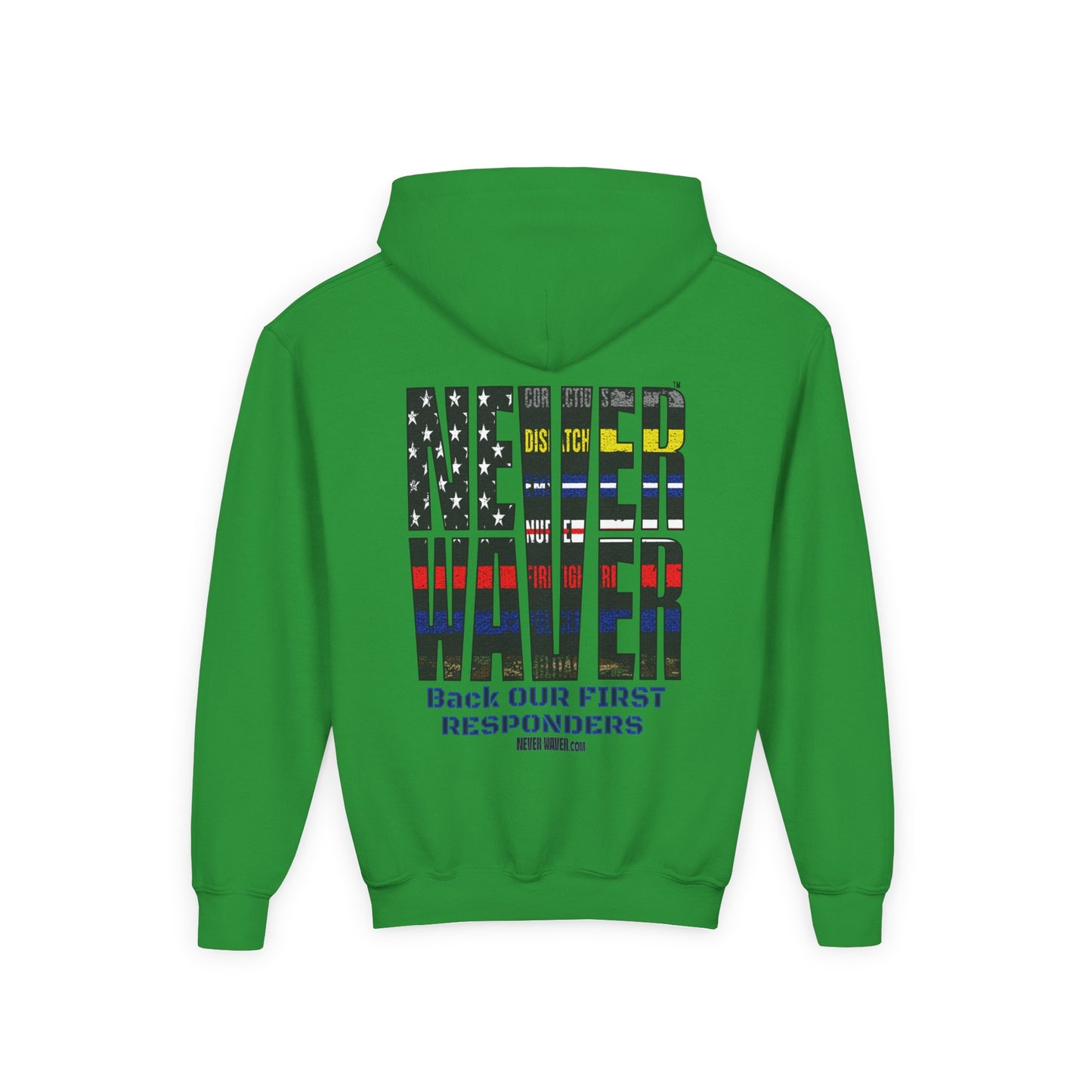 Never Waver Always Back Our First Responders Vintage-Inspired Youth Hoodie with American Flag Design - Never Waver