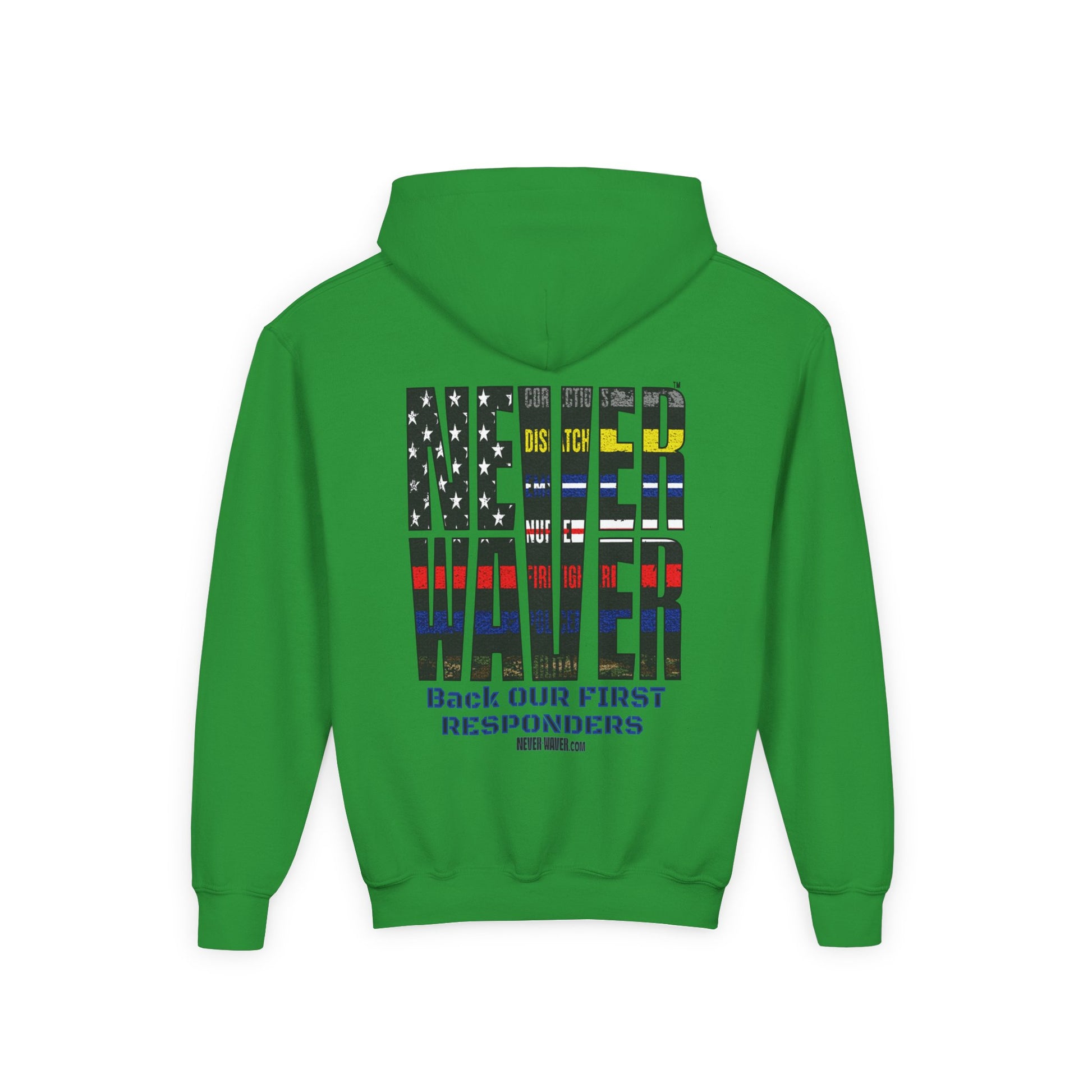 Never Waver Always Back Our First Responders Vintage-Inspired Youth Hoodie with American Flag Design - Never Waver