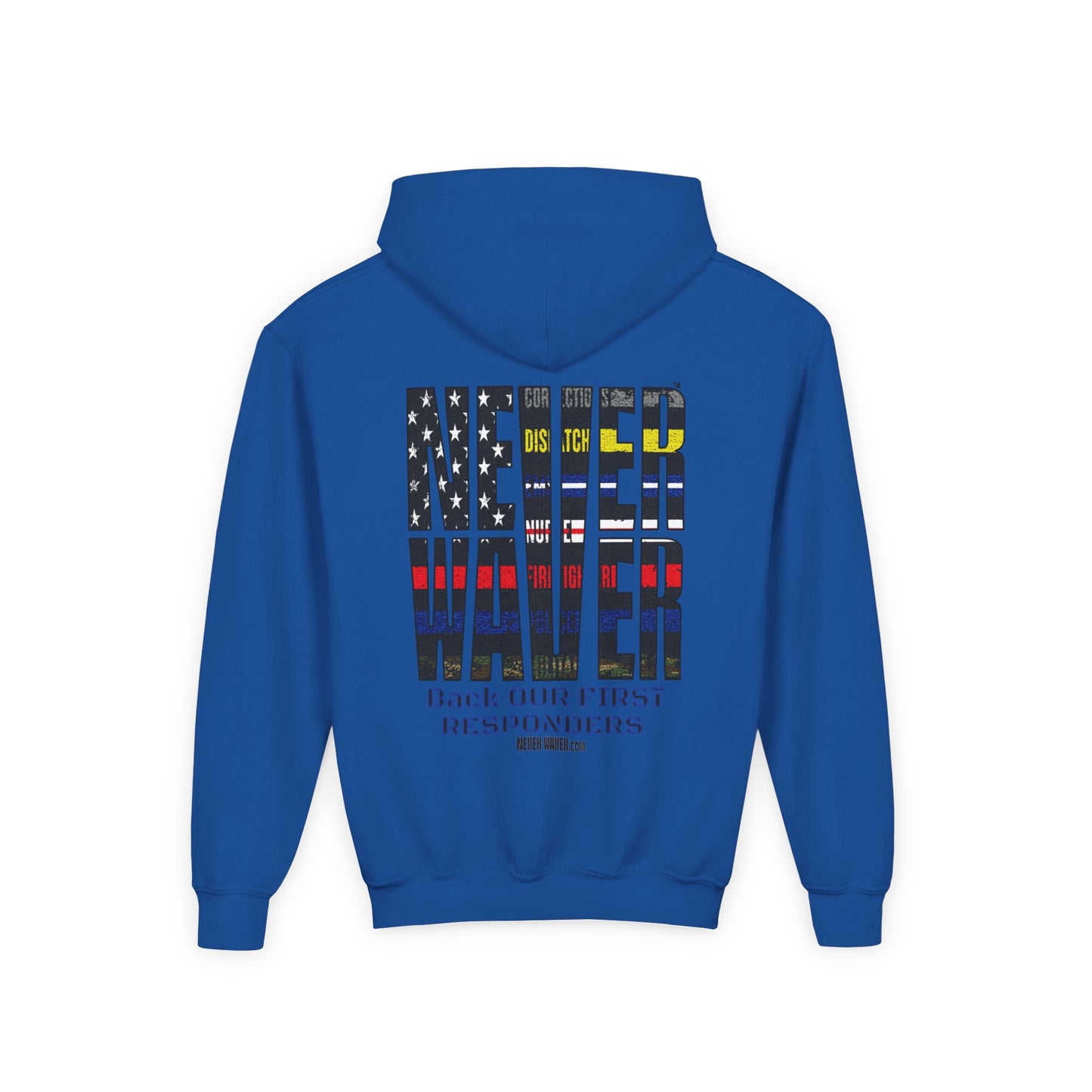 Never Waver Always Back Our First Responders Vintage-Inspired Youth Hoodie with American Flag Design - Never Waver