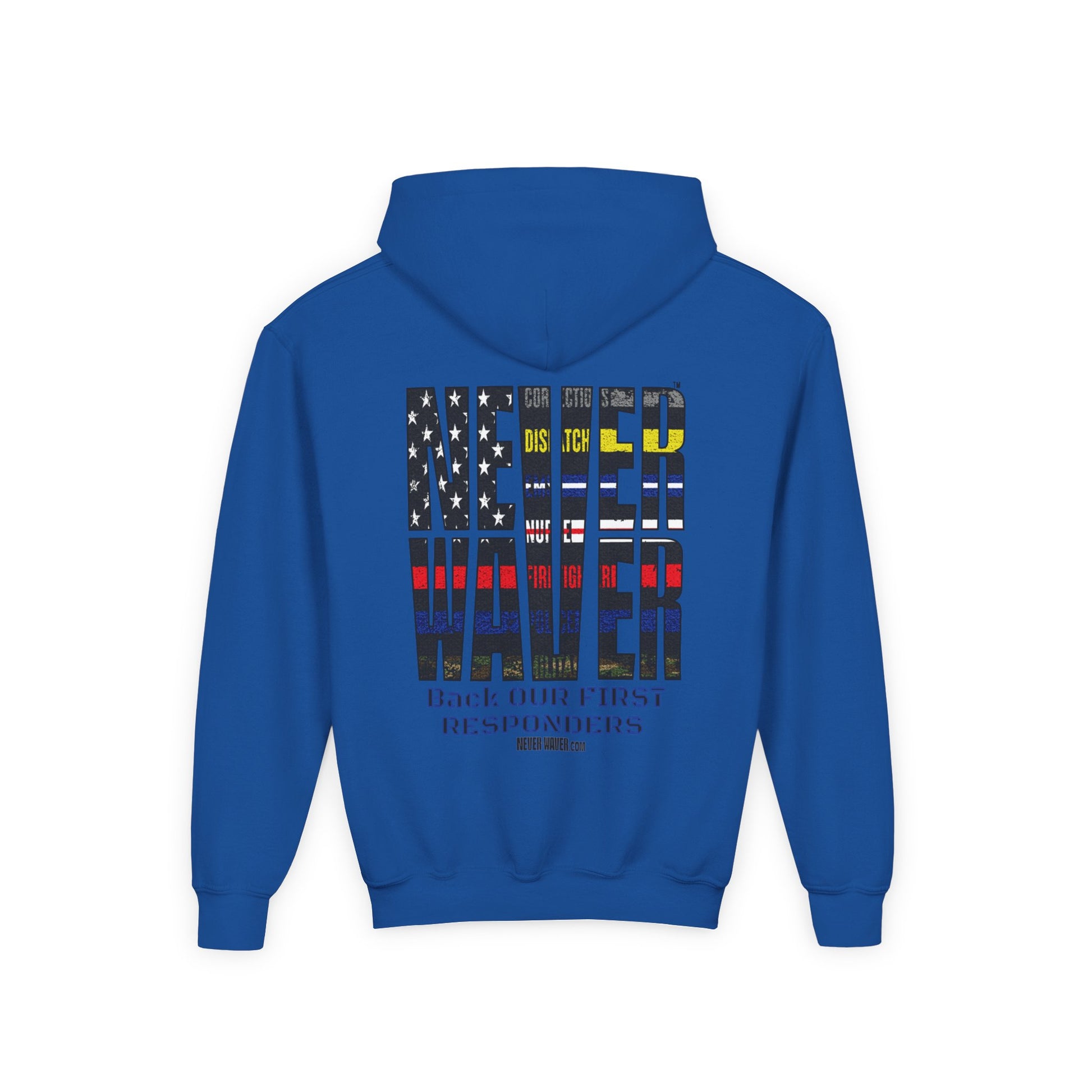 Never Waver Always Back Our First Responders Vintage-Inspired Youth Hoodie with American Flag Design - Never Waver