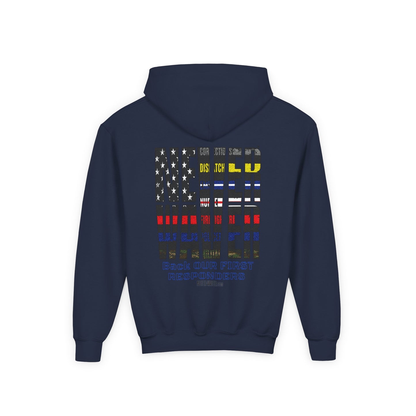 Never Waver Always Back Our First Responders Vintage-Inspired Youth Hoodie with American Flag Design - Never Waver
