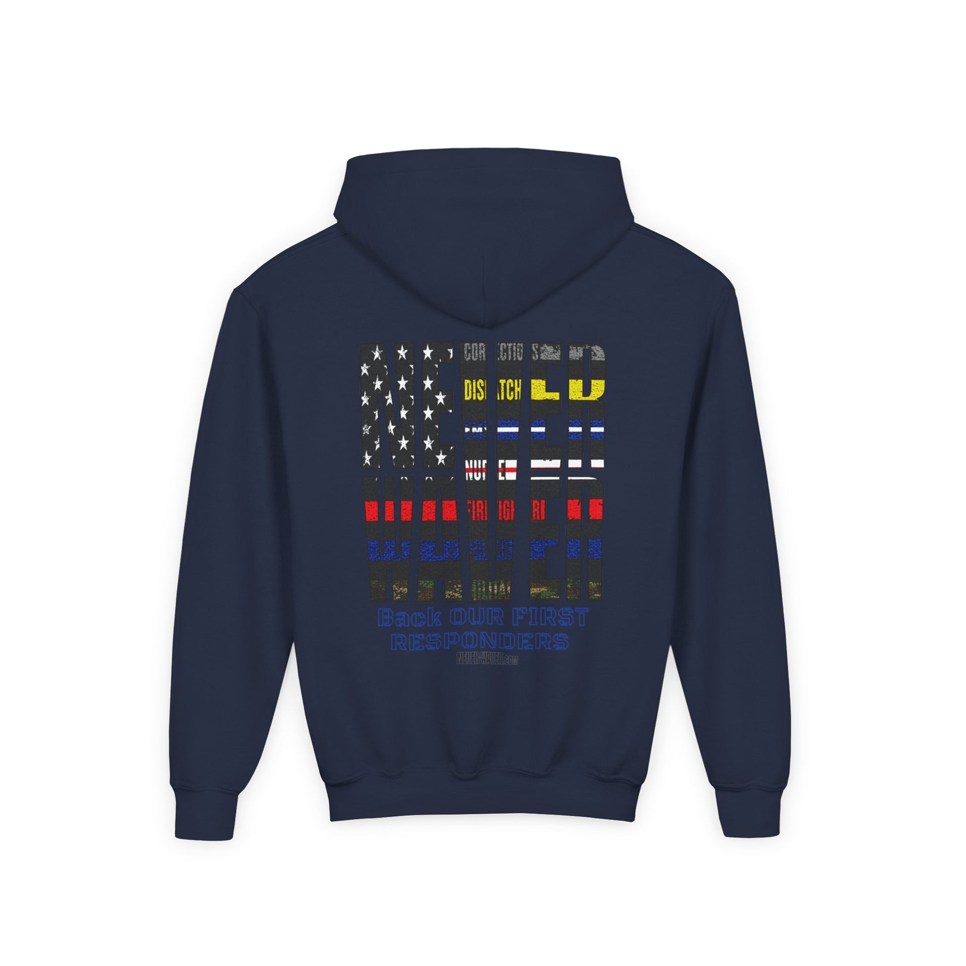 Never Waver Always Back Our First Responders Vintage-Inspired Youth Hoodie with American Flag Design - Never Waver
