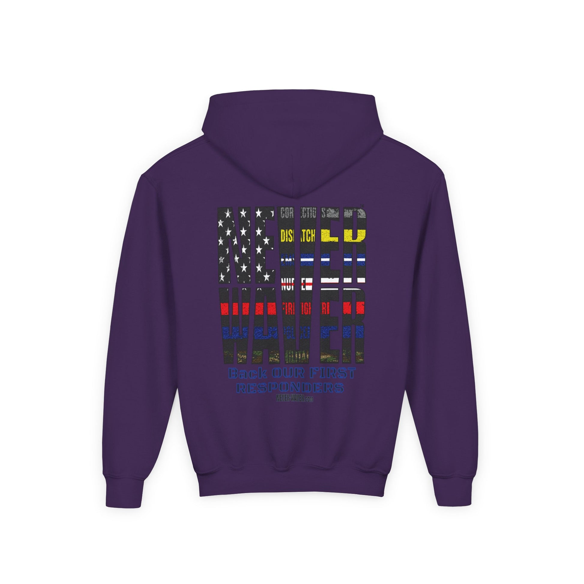 Never Waver Always Back Our First Responders Vintage-Inspired Youth Hoodie with American Flag Design - Never Waver