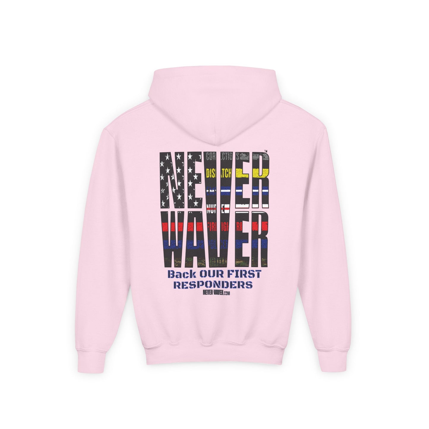 Never Waver Always Back Our First Responders Vintage-Inspired Youth Hoodie with American Flag Design - Never Waver