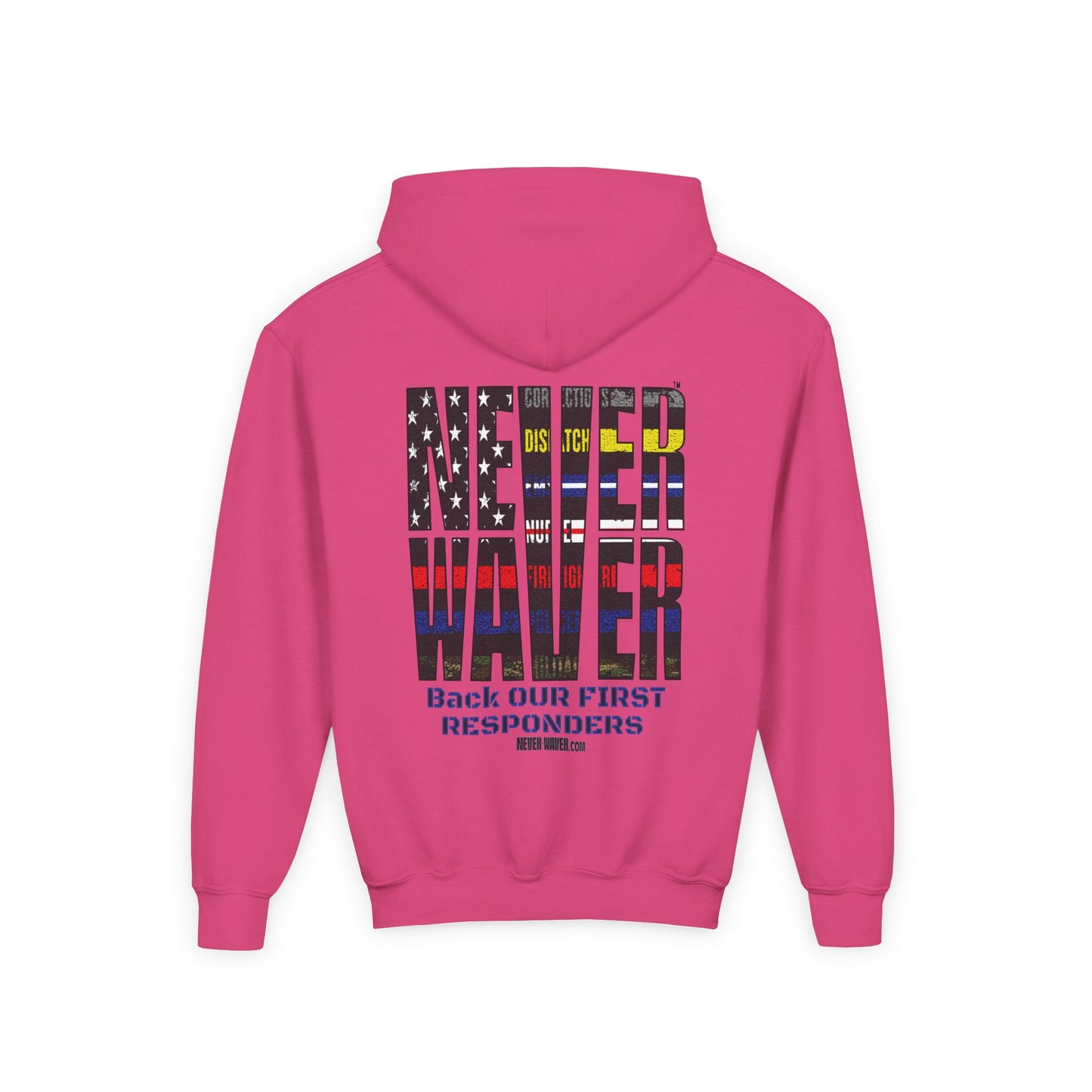 Never Waver Always Back Our First Responders Vintage-Inspired Youth Hoodie with American Flag Design - Never Waver