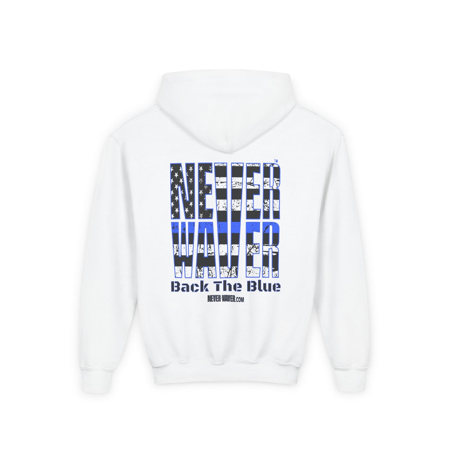 Never Waver Back The Blue  Vintage-Inspired Youth Hoodie with American Flag Design - Never Waver