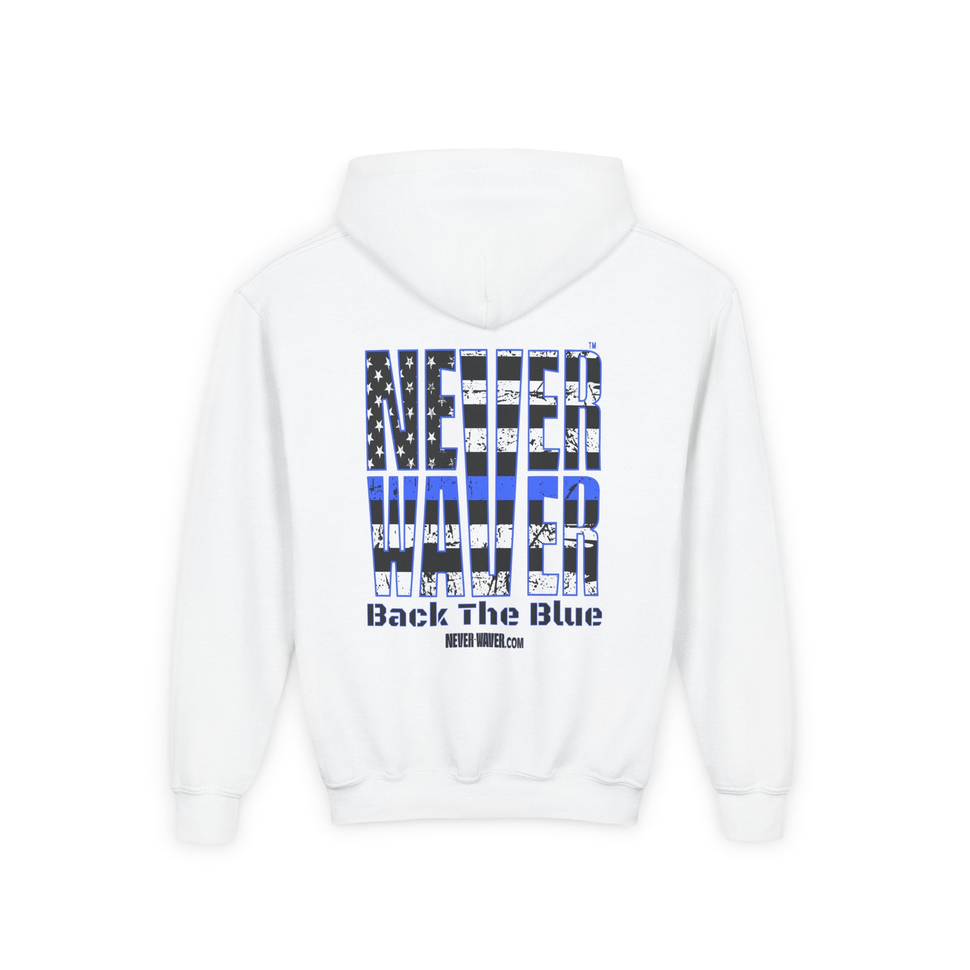 Never Waver Back The Blue  Vintage-Inspired Youth Hoodie with American Flag Design - Never Waver