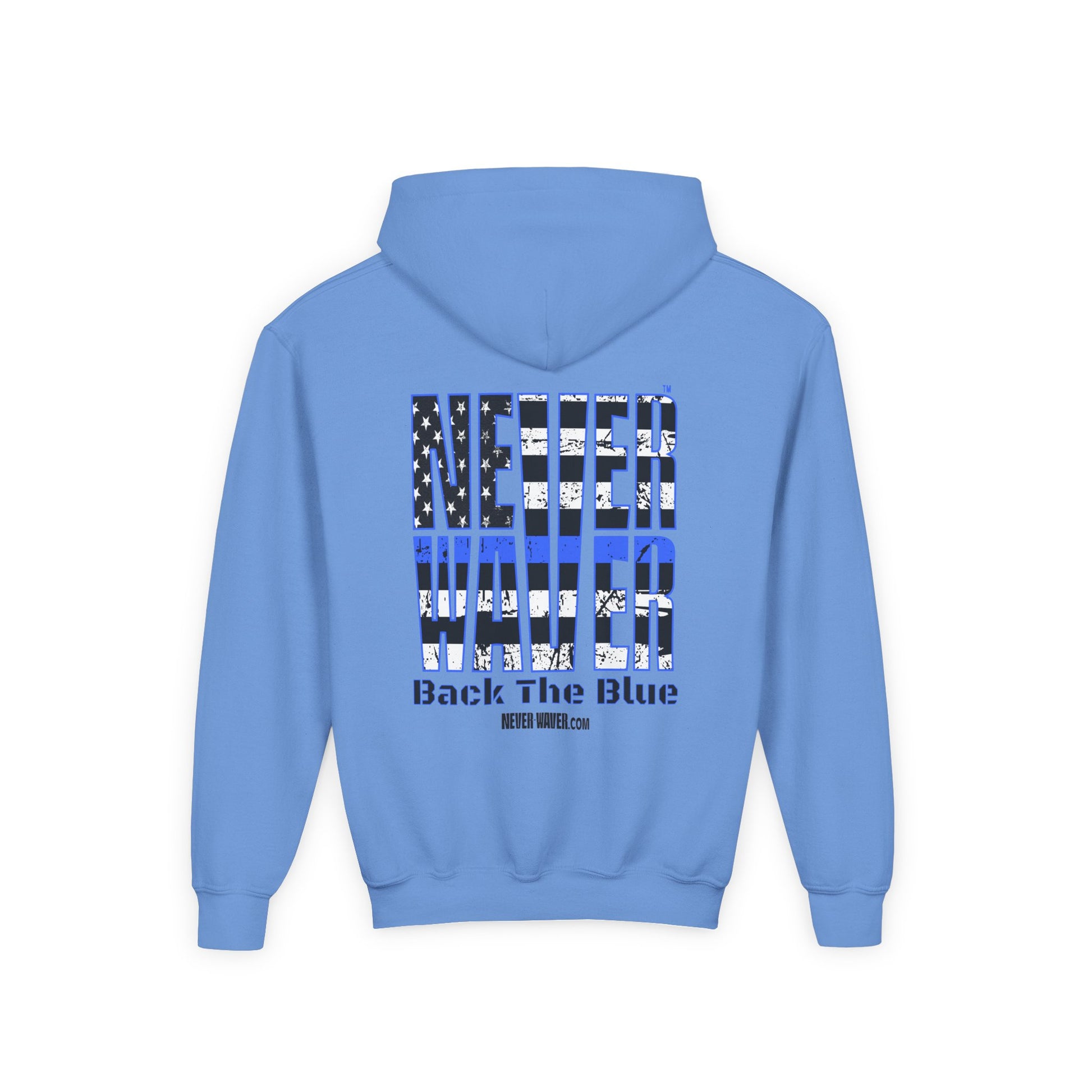 Never Waver Back The Blue  Vintage-Inspired Youth Hoodie with American Flag Design - Never Waver
