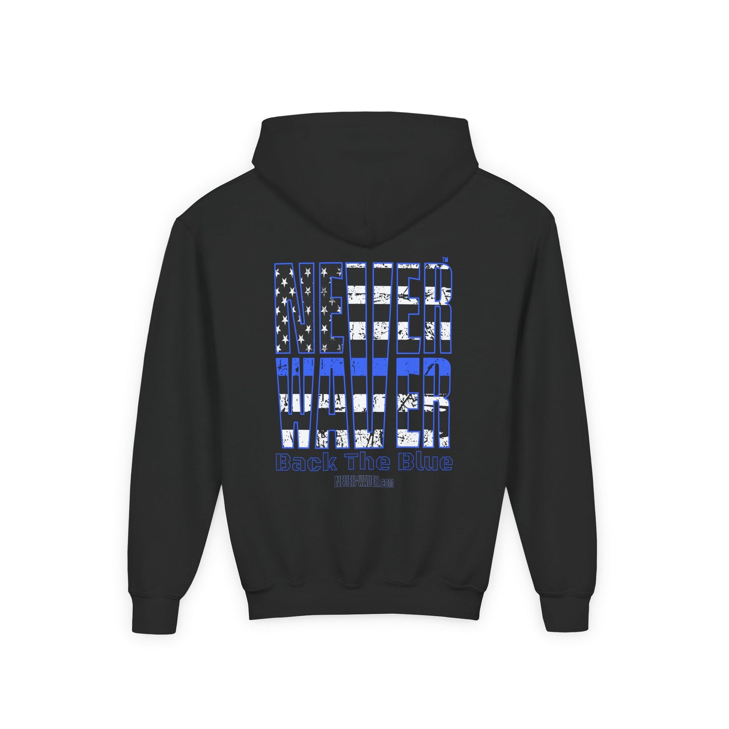 Never Waver Back The Blue  Vintage-Inspired Youth Hoodie with American Flag Design - Never Waver