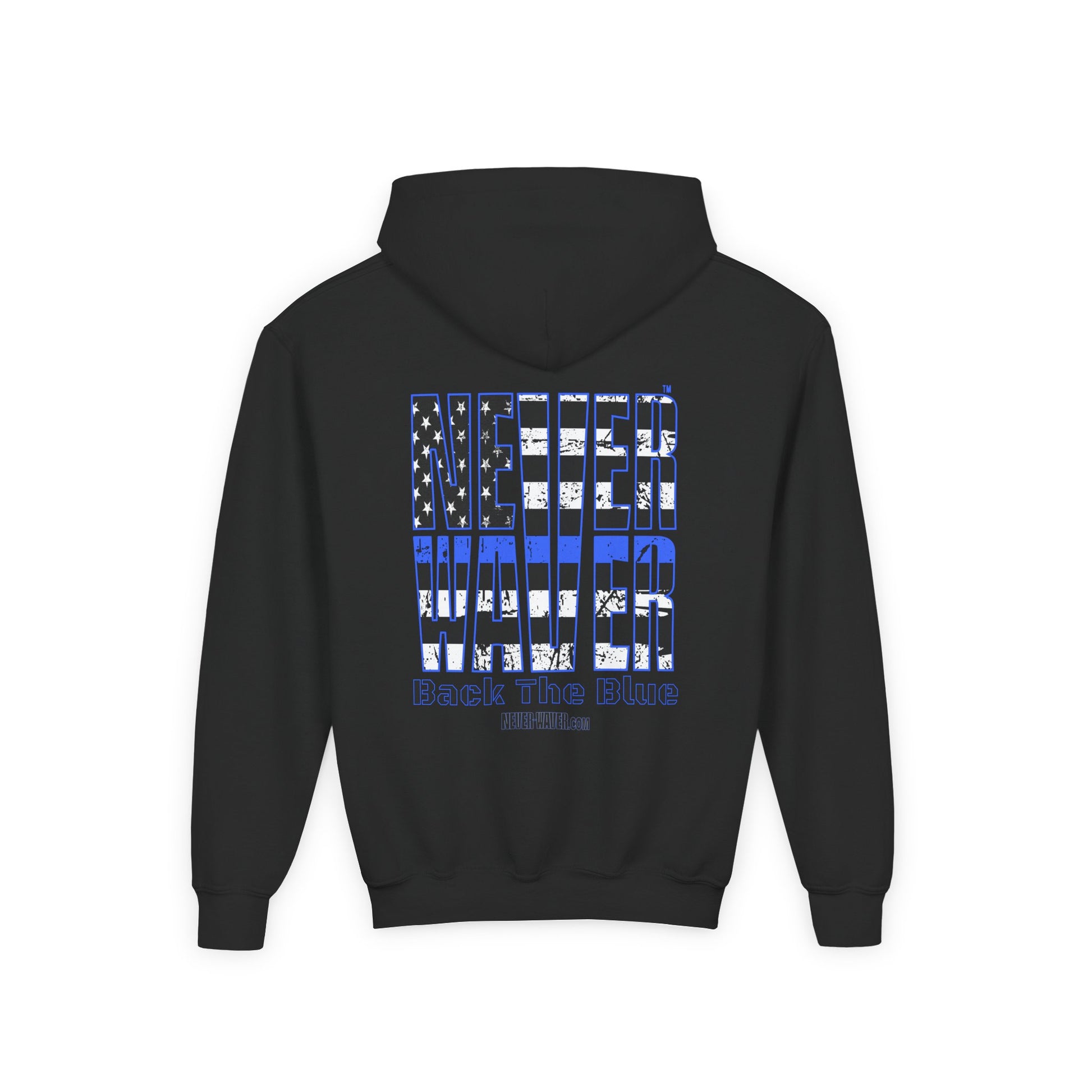 Never Waver Back The Blue  Vintage-Inspired Youth Hoodie with American Flag Design - Never Waver