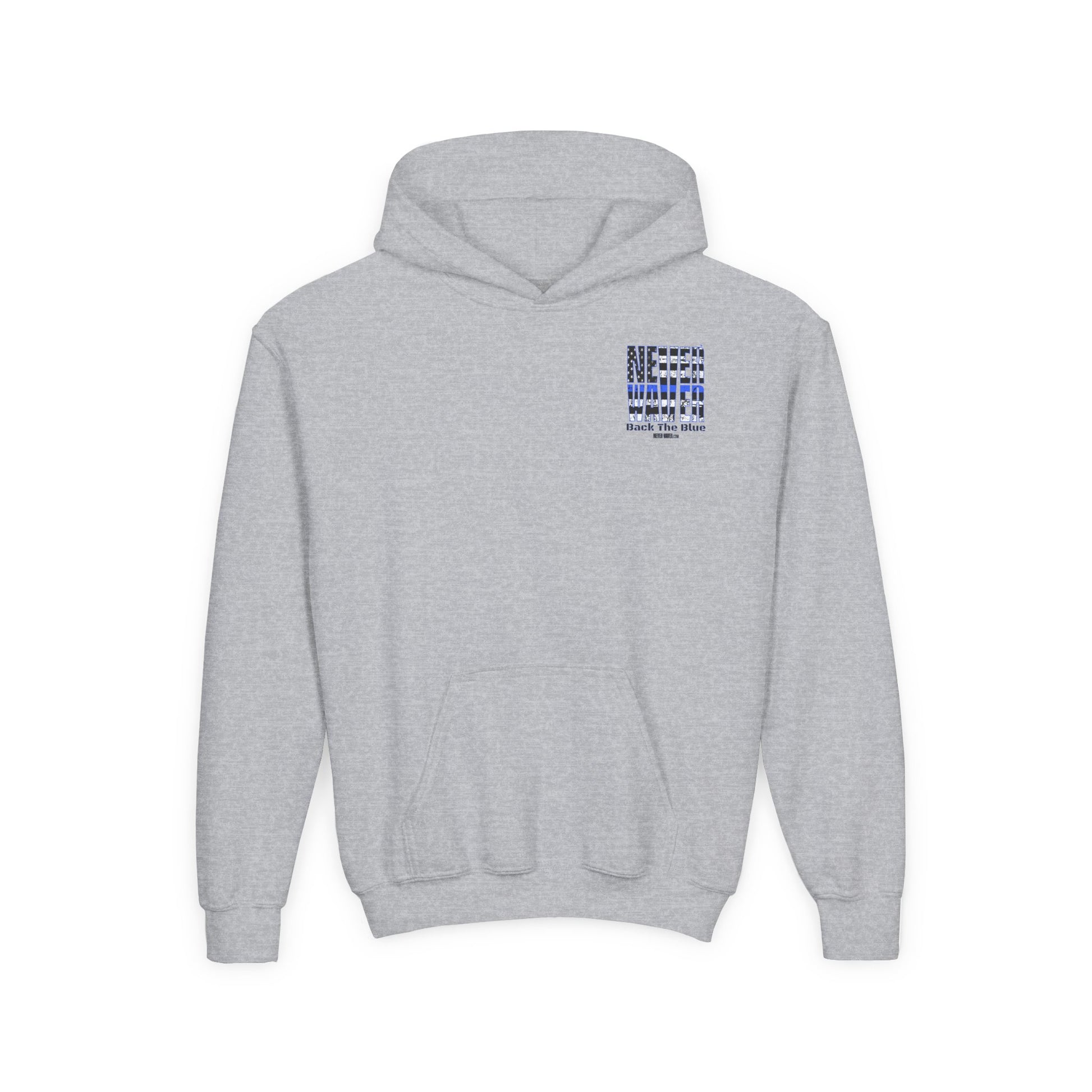 Never Waver Back The Blue  Vintage-Inspired Youth Hoodie with American Flag Design - Never Waver