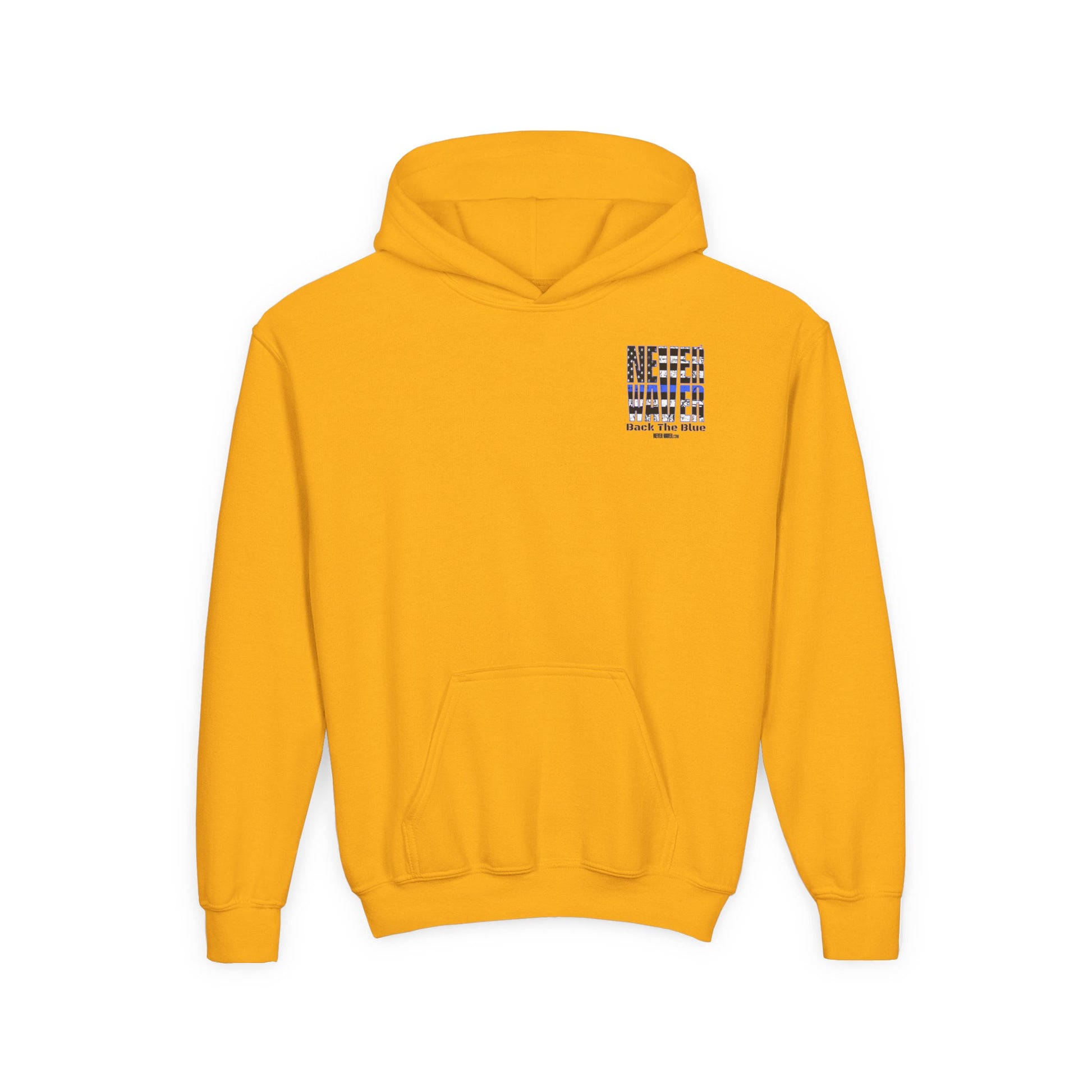 Never Waver Back The Blue  Vintage-Inspired Youth Hoodie with American Flag Design - Never Waver