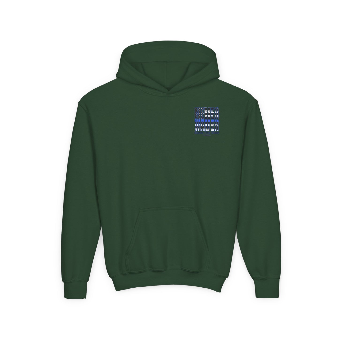Never Waver Back The Blue  Vintage-Inspired Youth Hoodie with American Flag Design - Never Waver