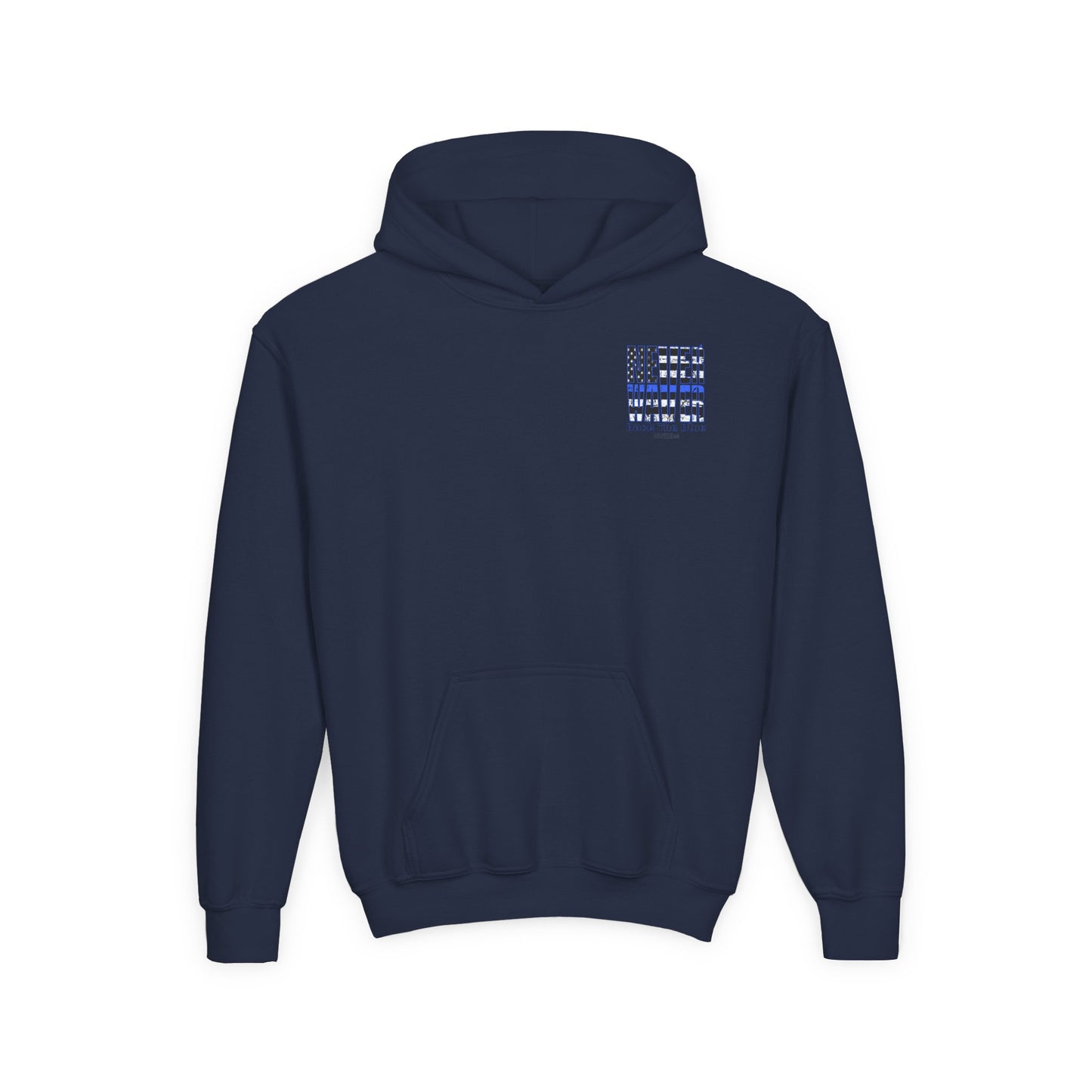 Never Waver Back The Blue  Vintage-Inspired Youth Hoodie with American Flag Design - Never Waver