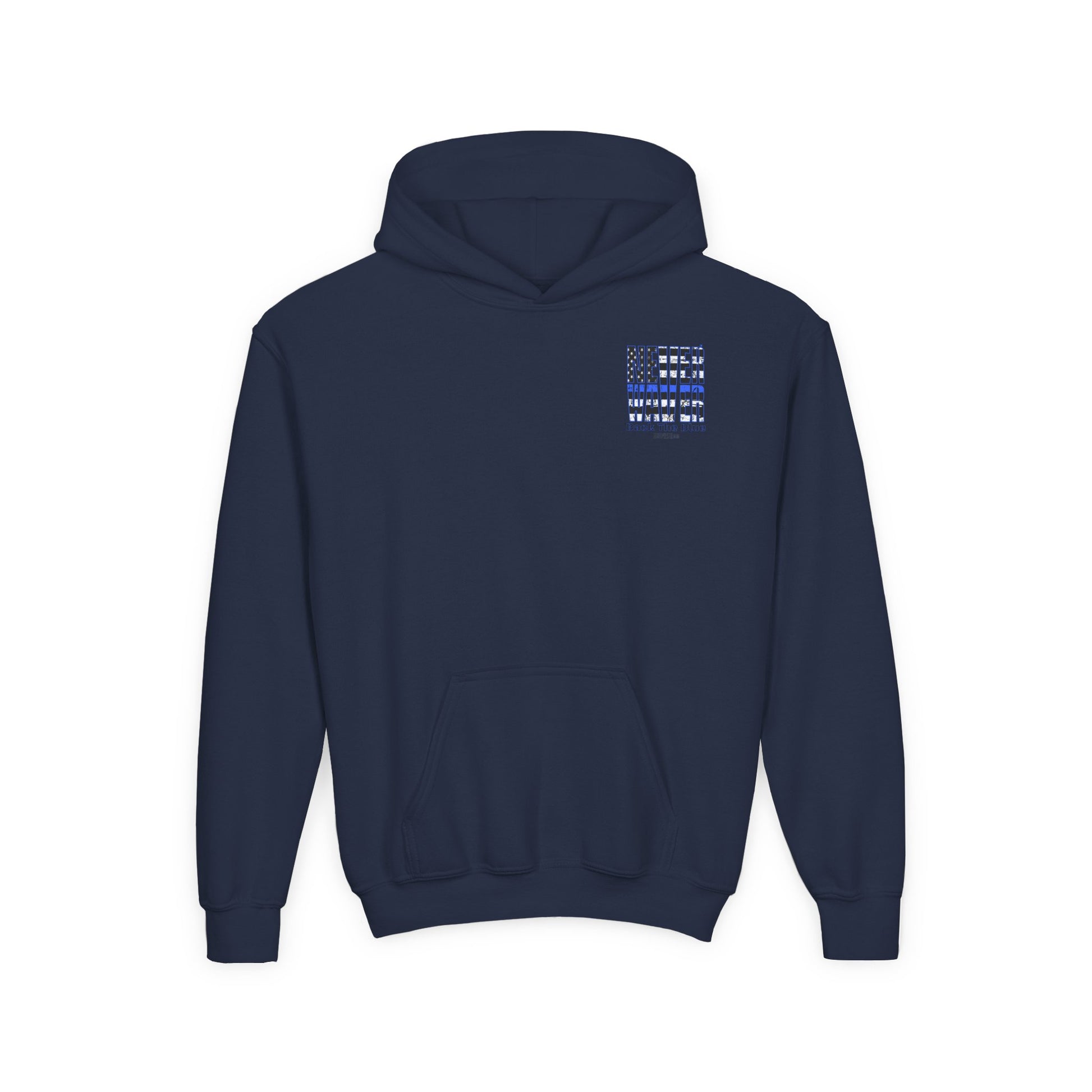 Never Waver Back The Blue  Vintage-Inspired Youth Hoodie with American Flag Design - Never Waver