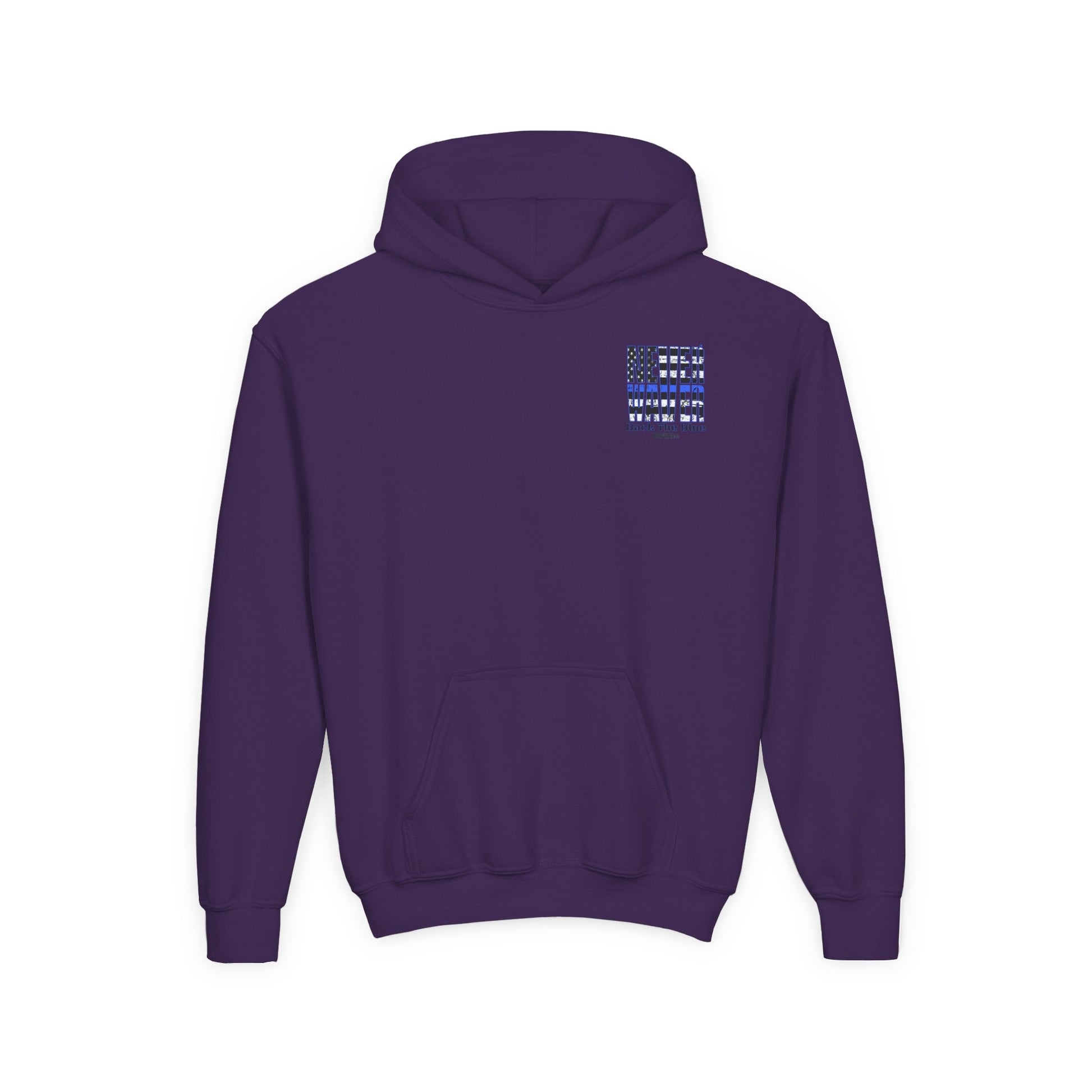 Never Waver Back The Blue  Vintage-Inspired Youth Hoodie with American Flag Design - Never Waver