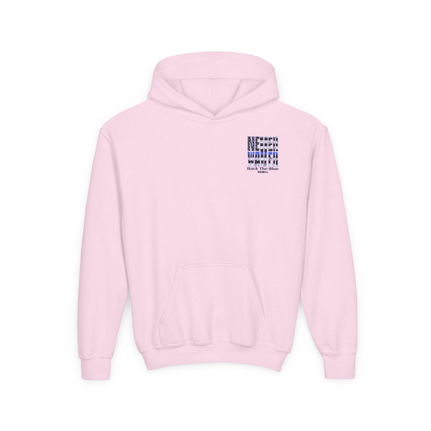 Never Waver Back The Blue  Vintage-Inspired Youth Hoodie with American Flag Design - Never Waver