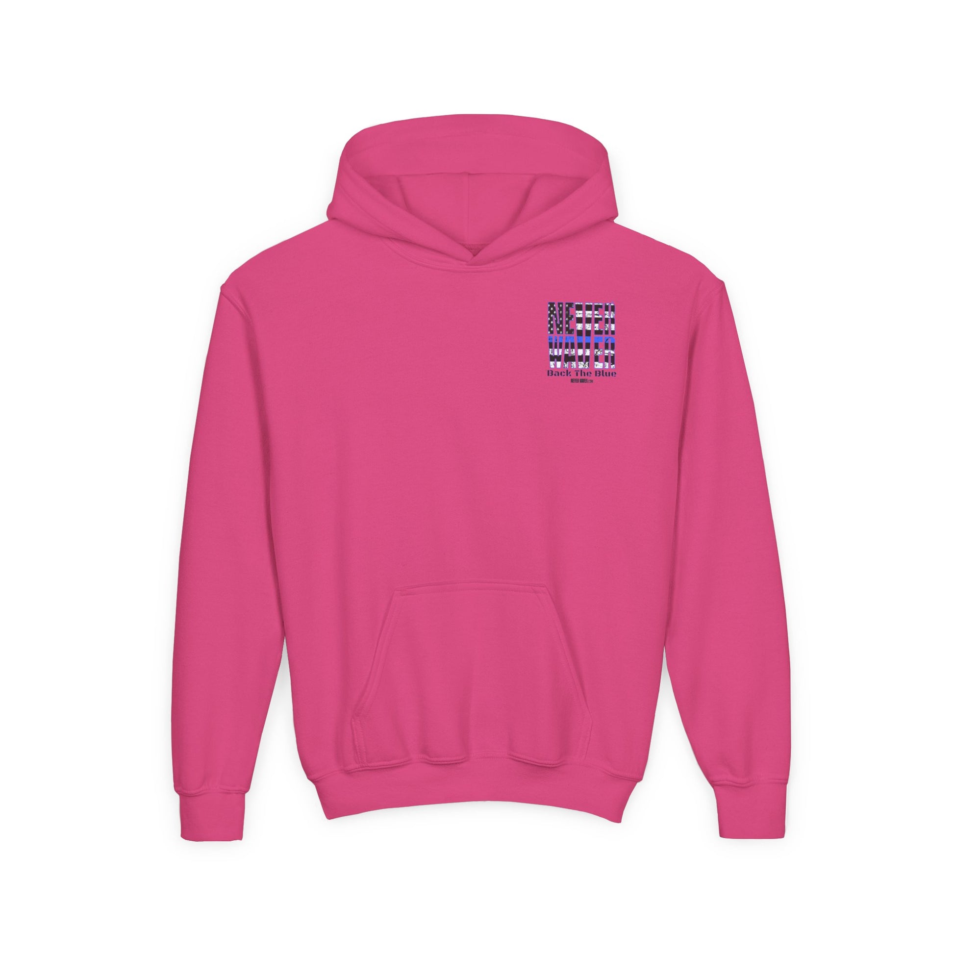Never Waver Back The Blue  Vintage-Inspired Youth Hoodie with American Flag Design - Never Waver
