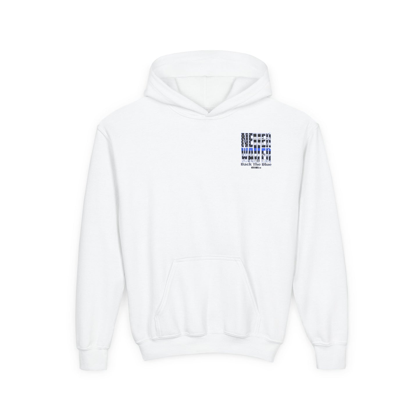 Never Waver Back The Blue  Vintage-Inspired Youth Hoodie with American Flag Design - Never Waver