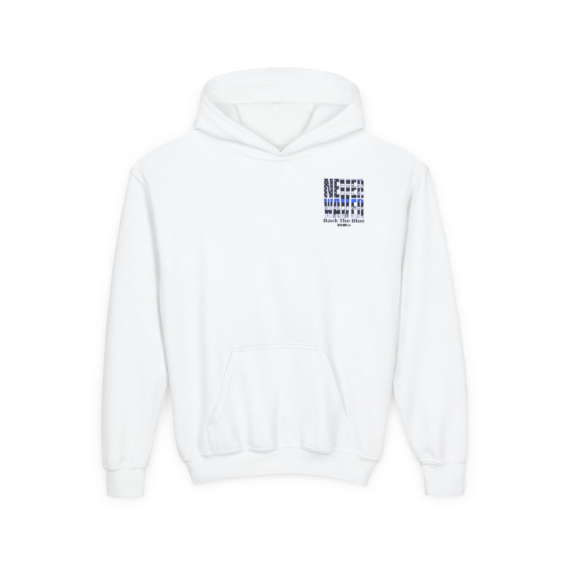 Never Waver Back The Blue  Vintage-Inspired Youth Hoodie with American Flag Design - Never Waver