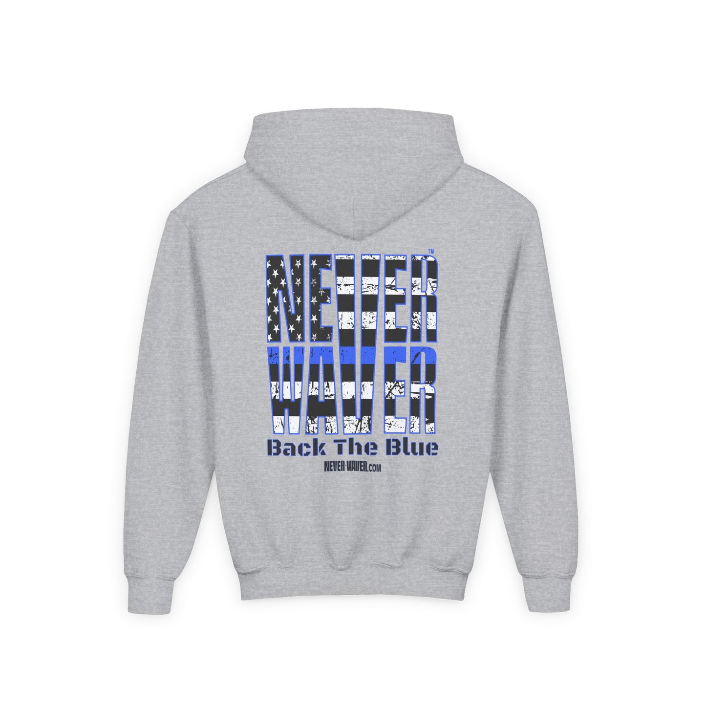 Never Waver Back The Blue  Vintage-Inspired Youth Hoodie with American Flag Design - Never Waver