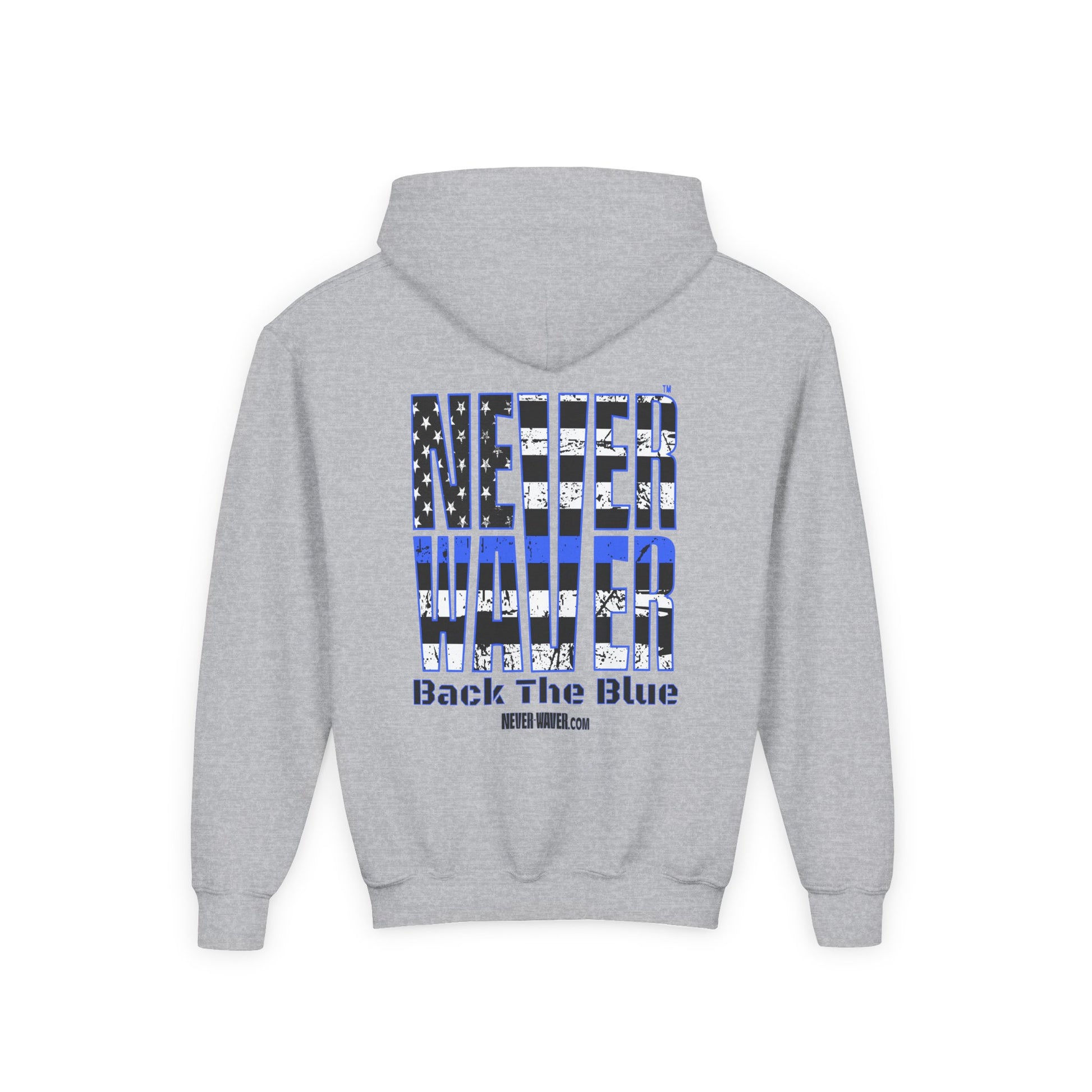Never Waver Back The Blue  Vintage-Inspired Youth Hoodie with American Flag Design - Never Waver