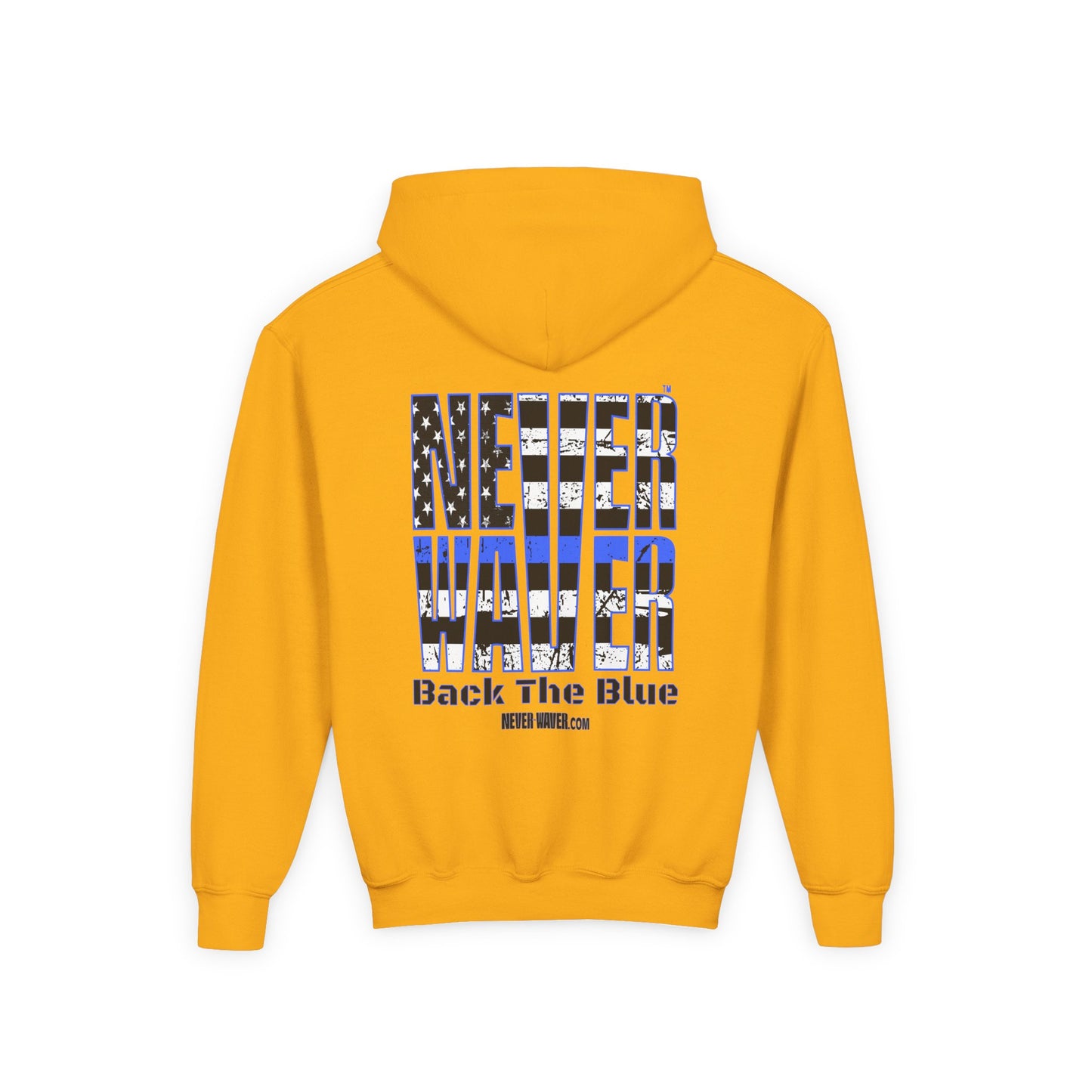 Never Waver Back The Blue  Vintage-Inspired Youth Hoodie with American Flag Design - Never Waver