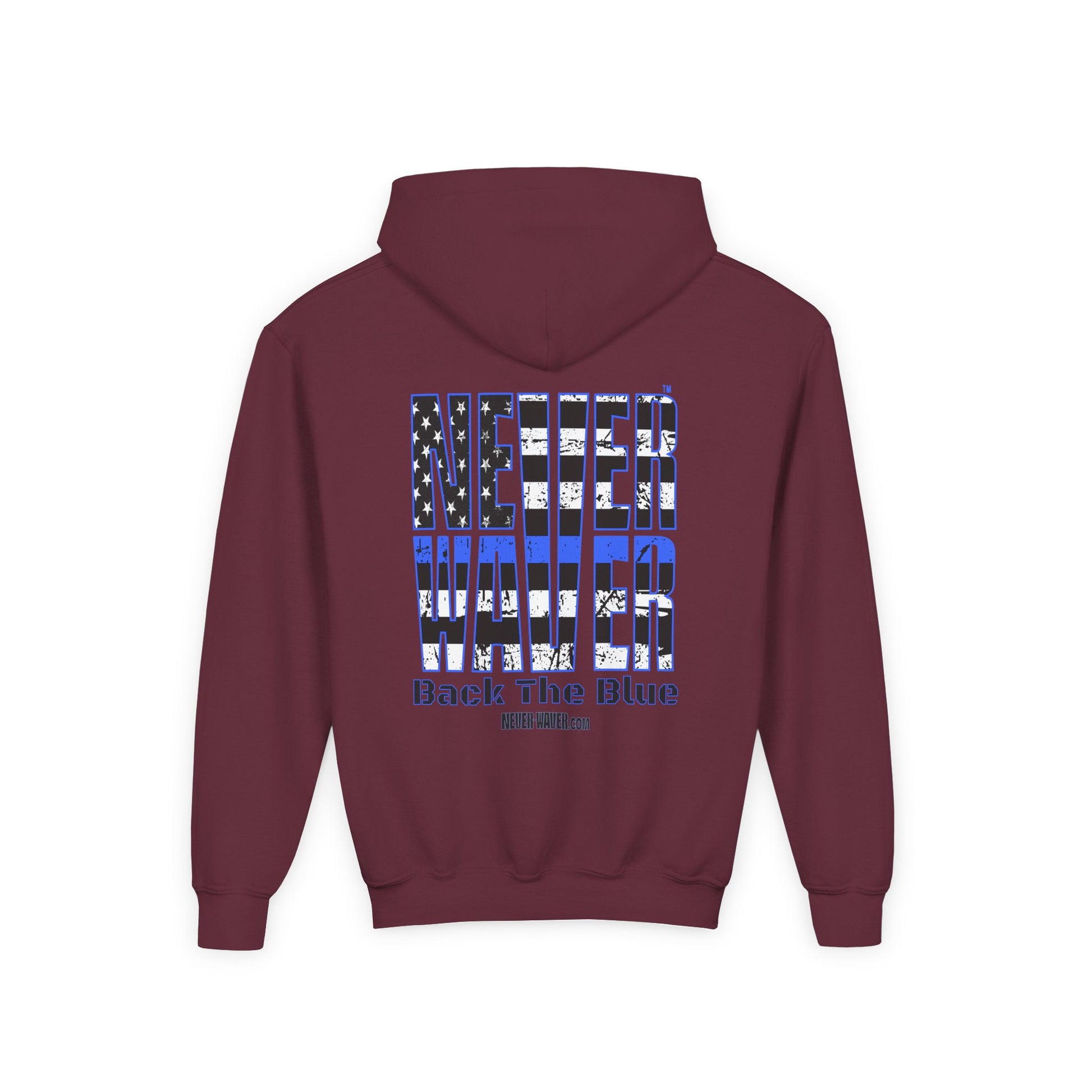 Never Waver Back The Blue  Vintage-Inspired Youth Hoodie with American Flag Design - Never Waver