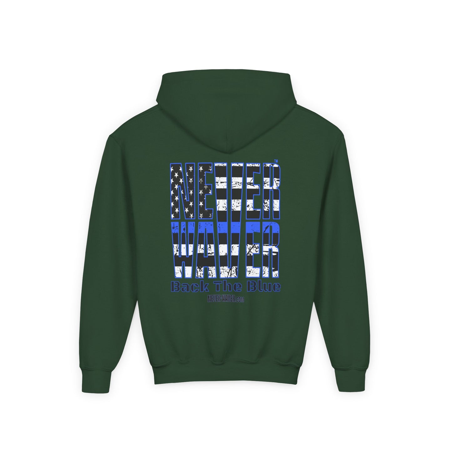 Never Waver Back The Blue  Vintage-Inspired Youth Hoodie with American Flag Design - Never Waver