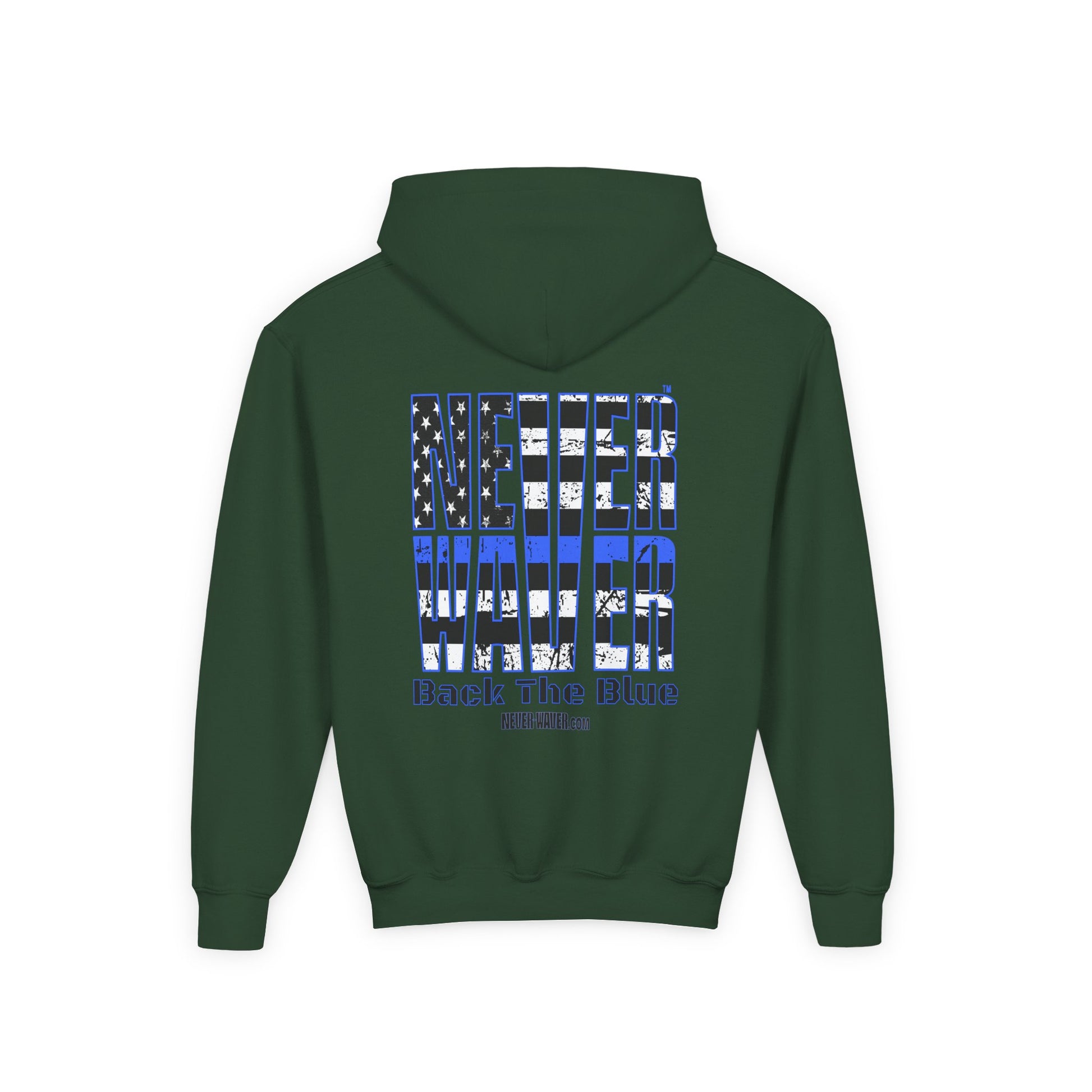 Never Waver Back The Blue  Vintage-Inspired Youth Hoodie with American Flag Design - Never Waver