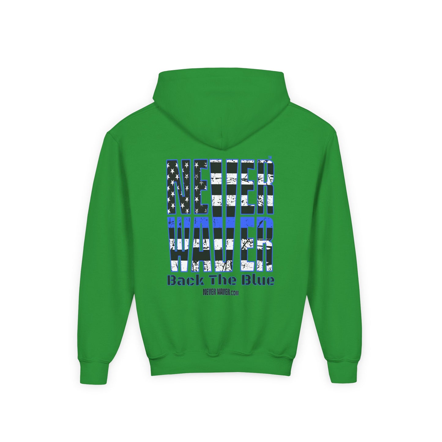 Never Waver Back The Blue  Vintage-Inspired Youth Hoodie with American Flag Design - Never Waver