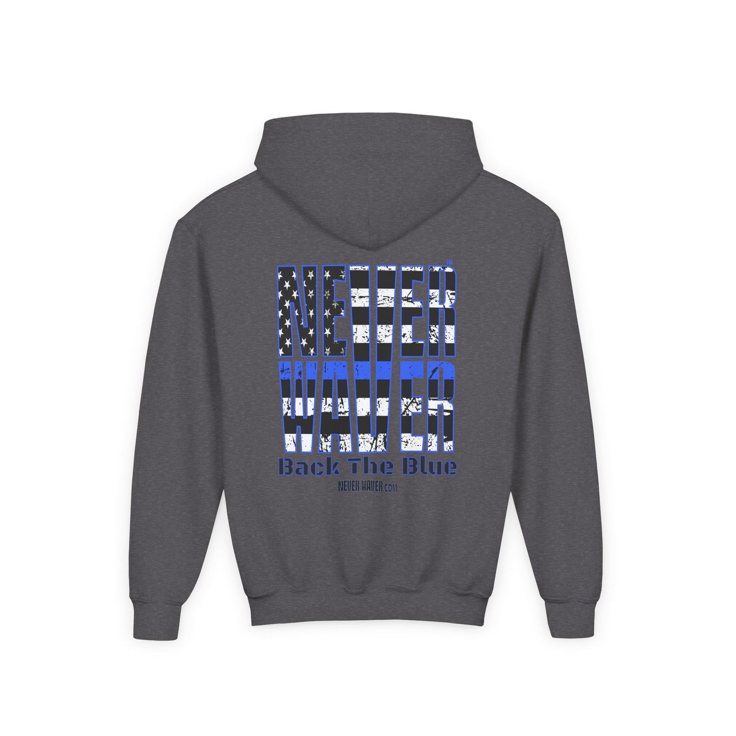 Never Waver Back The Blue  Vintage-Inspired Youth Hoodie with American Flag Design - Never Waver