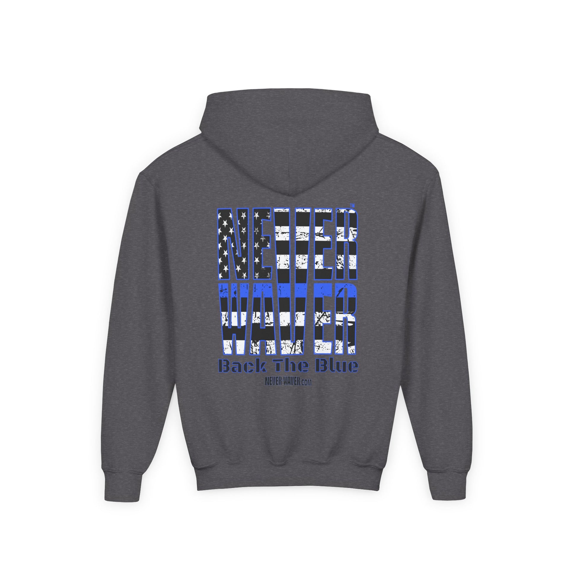 Never Waver Back The Blue  Vintage-Inspired Youth Hoodie with American Flag Design - Never Waver