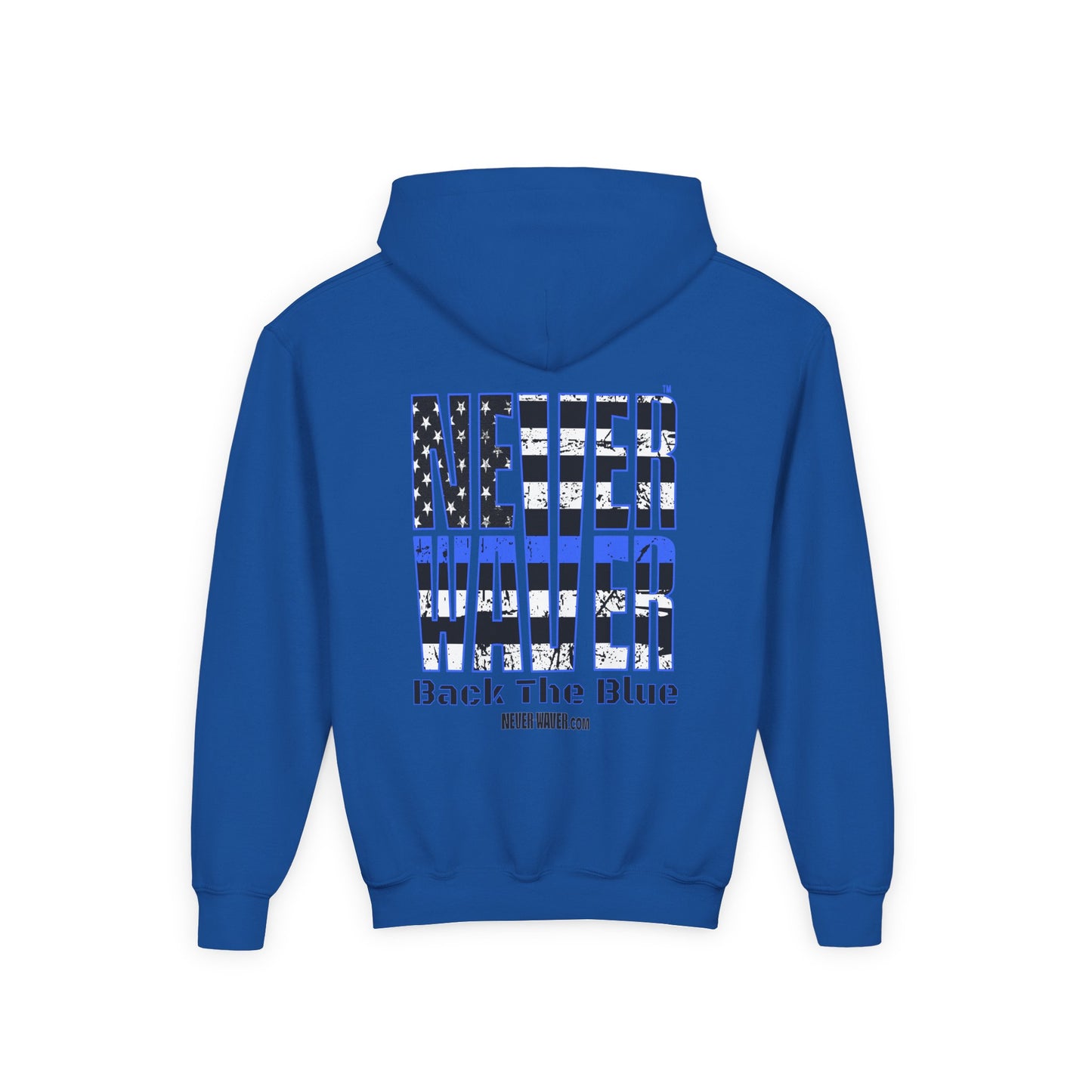 Never Waver Back The Blue  Vintage-Inspired Youth Hoodie with American Flag Design - Never Waver