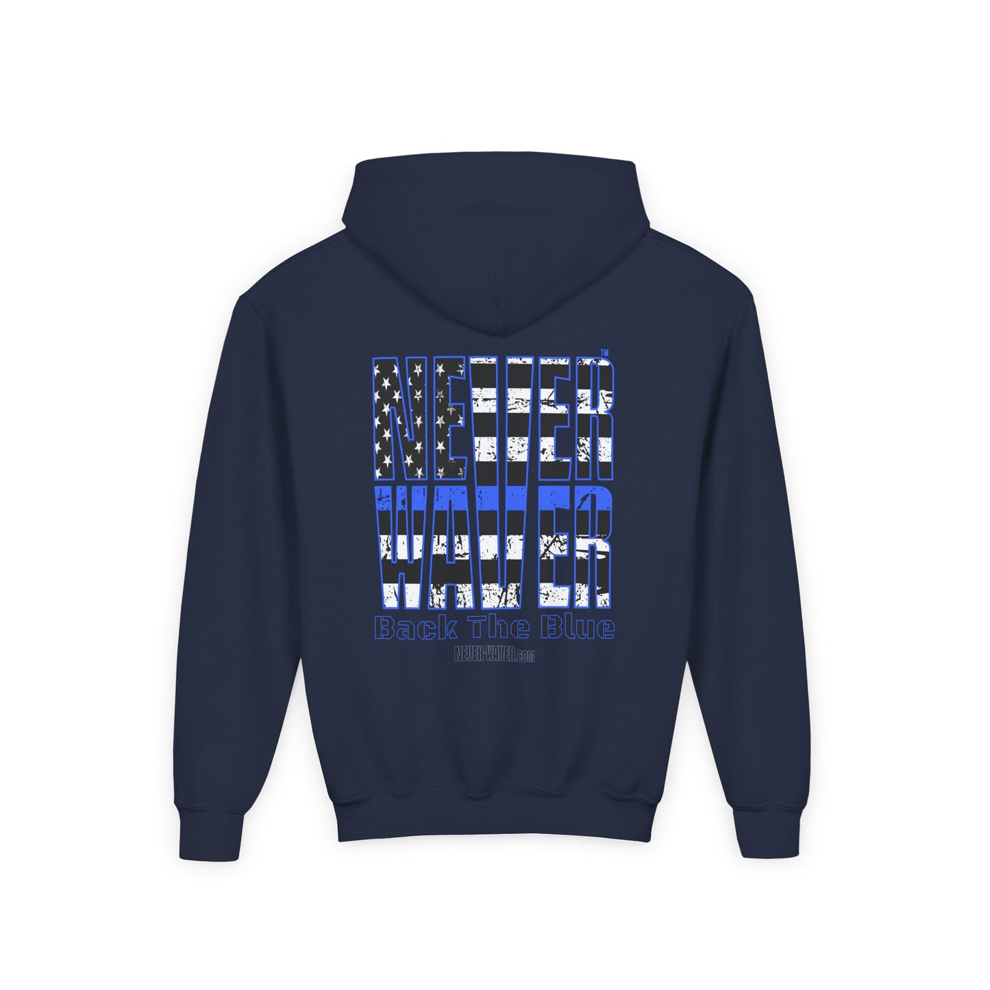 Never Waver Back The Blue  Vintage-Inspired Youth Hoodie with American Flag Design - Never Waver