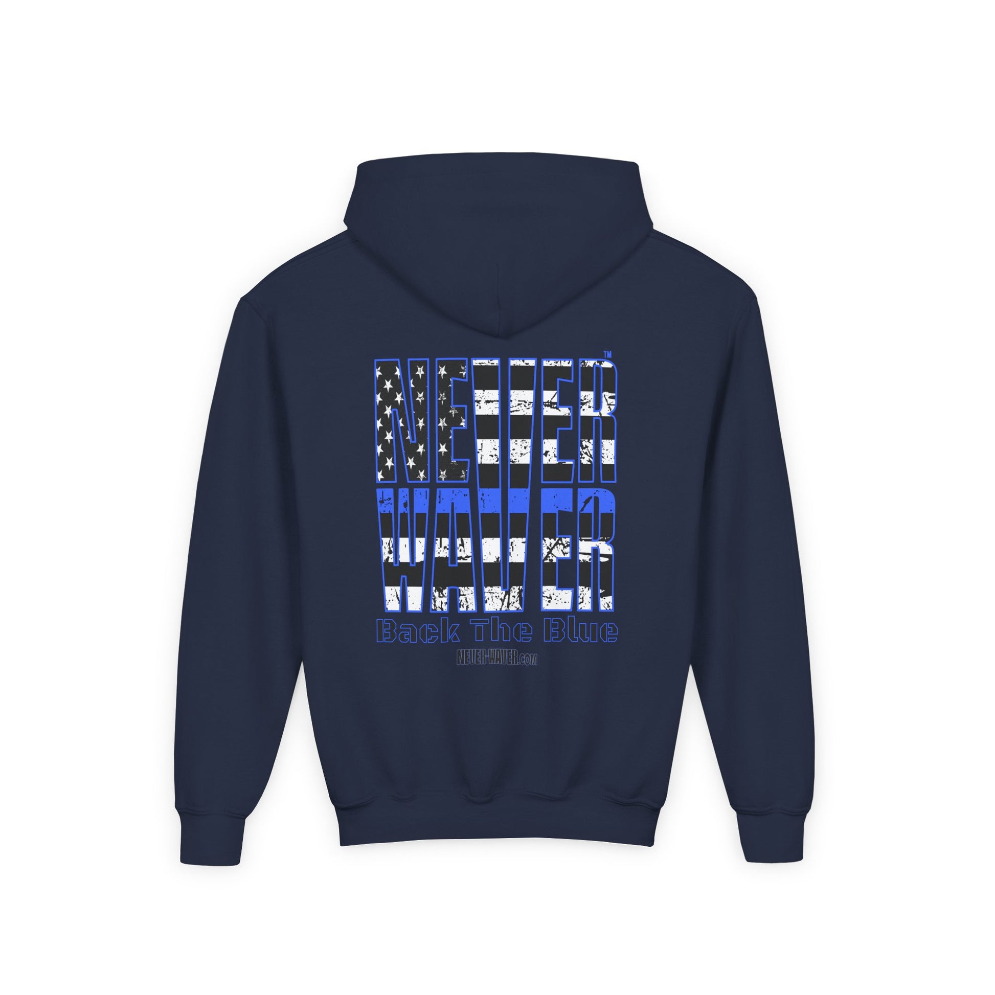 Never Waver Back The Blue  Vintage-Inspired Youth Hoodie with American Flag Design - Never Waver