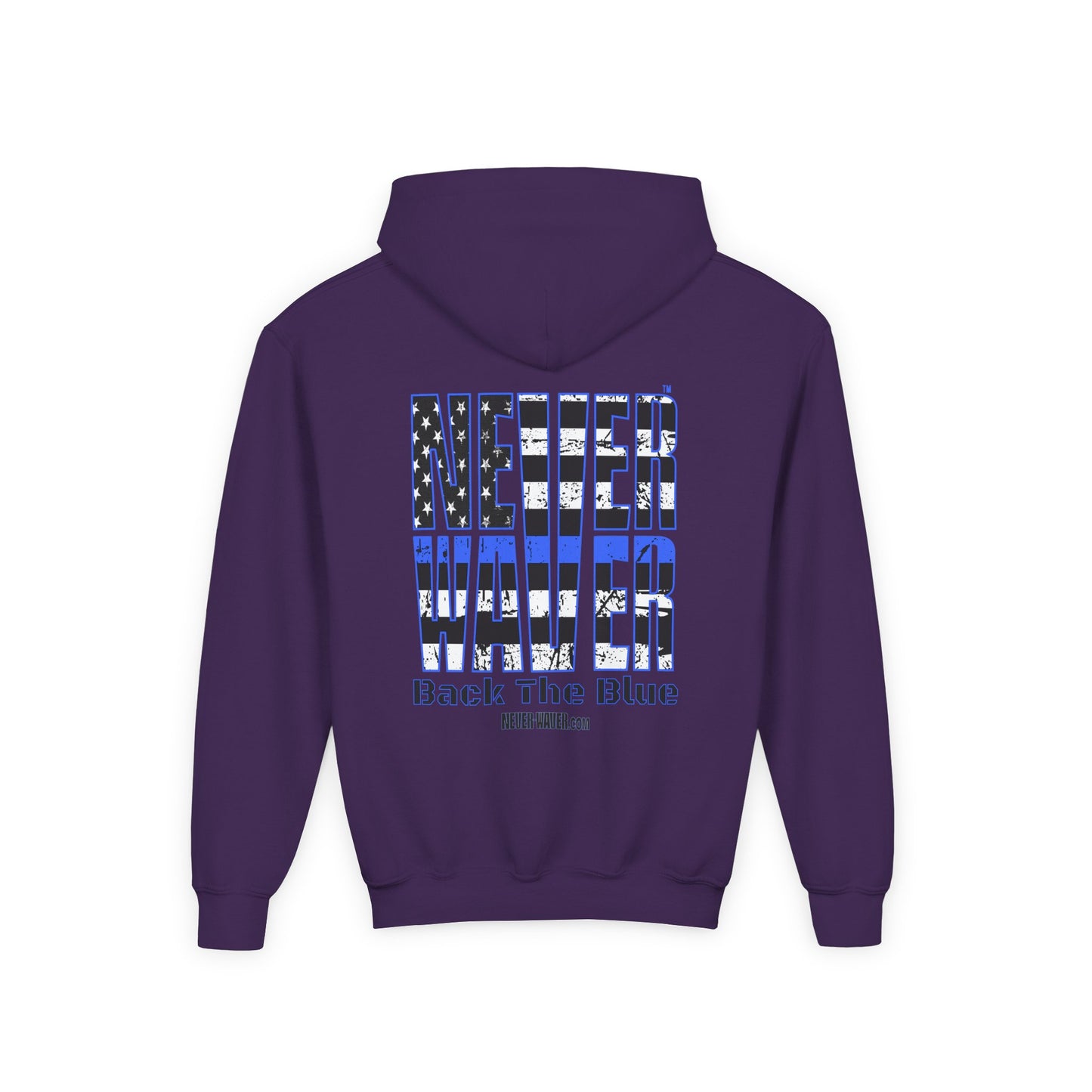 Never Waver Back The Blue  Vintage-Inspired Youth Hoodie with American Flag Design - Never Waver
