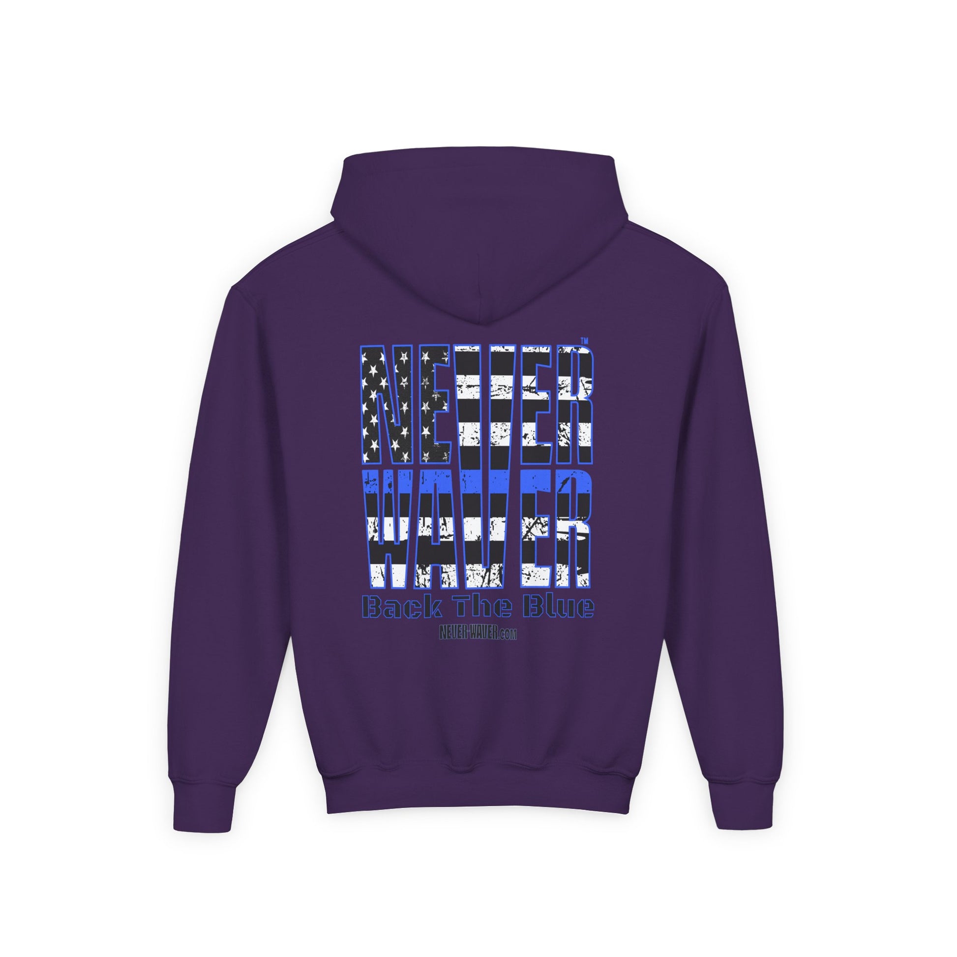Never Waver Back The Blue  Vintage-Inspired Youth Hoodie with American Flag Design - Never Waver